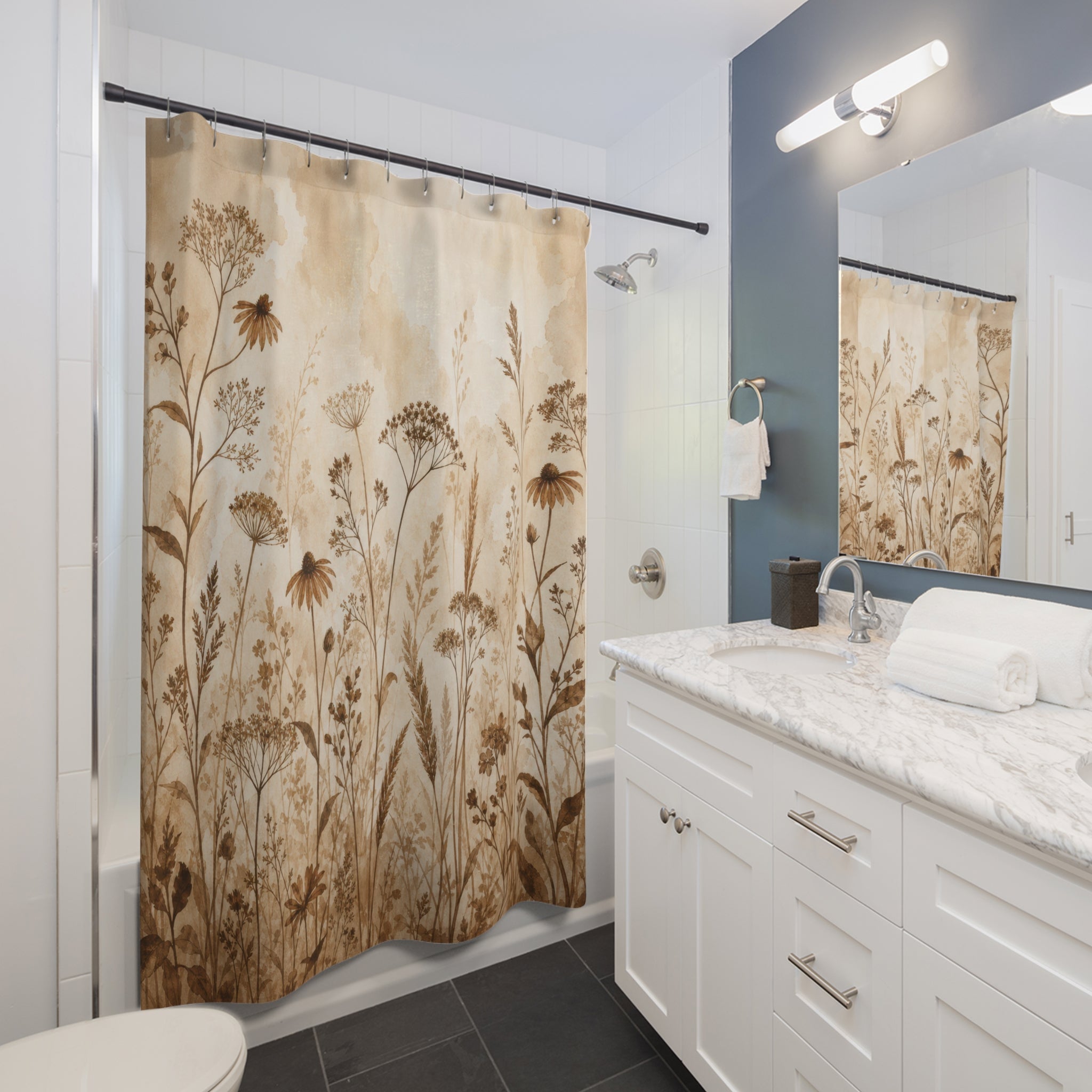 Sepia Meadow Botanical Shower Curtain