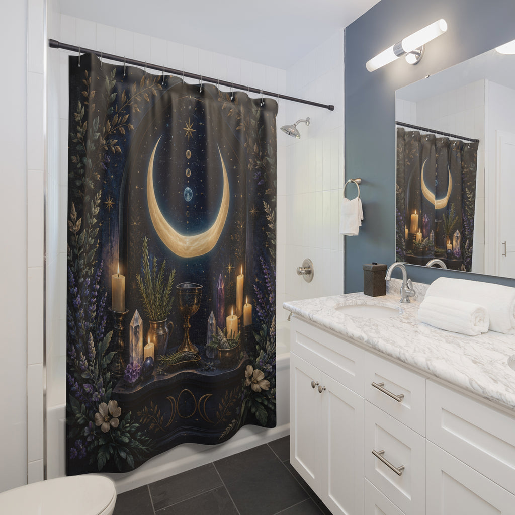 Wiccan crescent moon altar with chalice candles and crystals shower curtain beside a white vanity