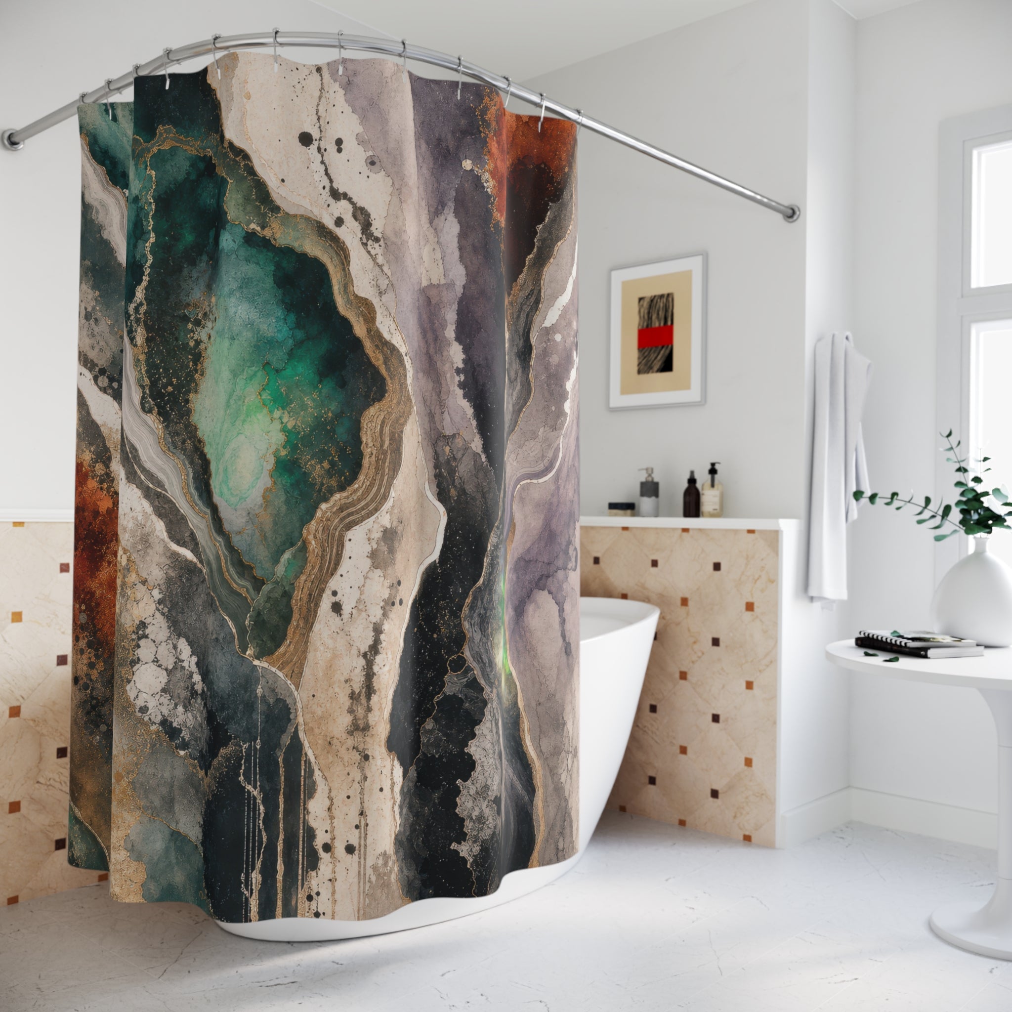 Abstract Shower Curtain, Teal Rust Marble Look, Cream Black Bathroom Decor, Organic Stone Art, Modern Earth Tone Guest Bath, Warm Decor