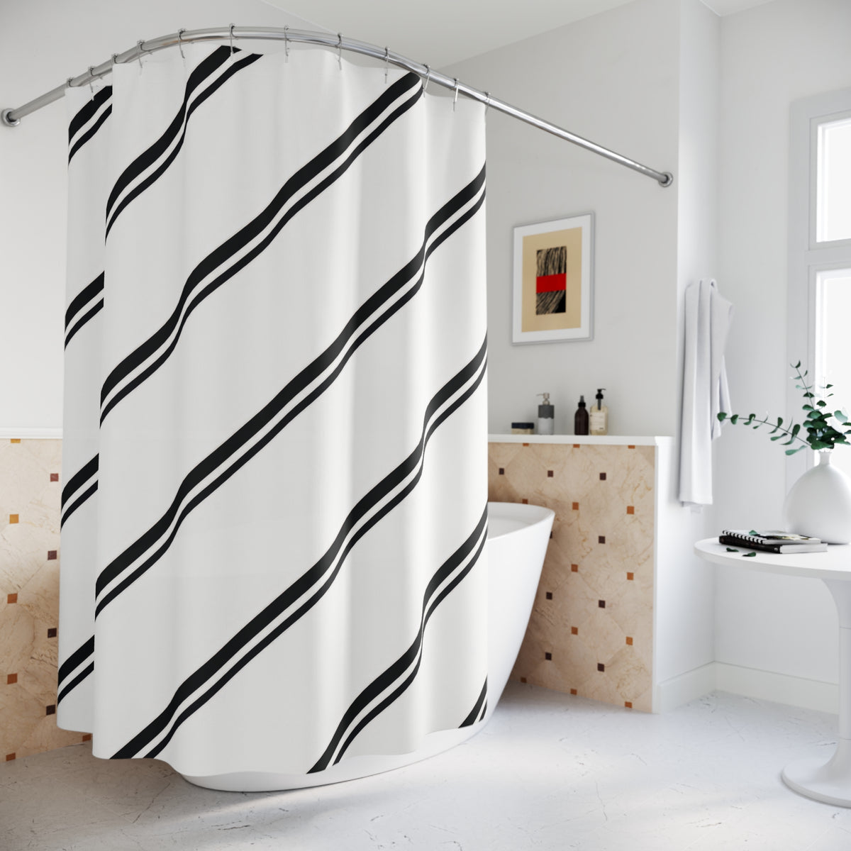 Paired black diagonal stripes across a white field shower curtain beside a freestanding tub