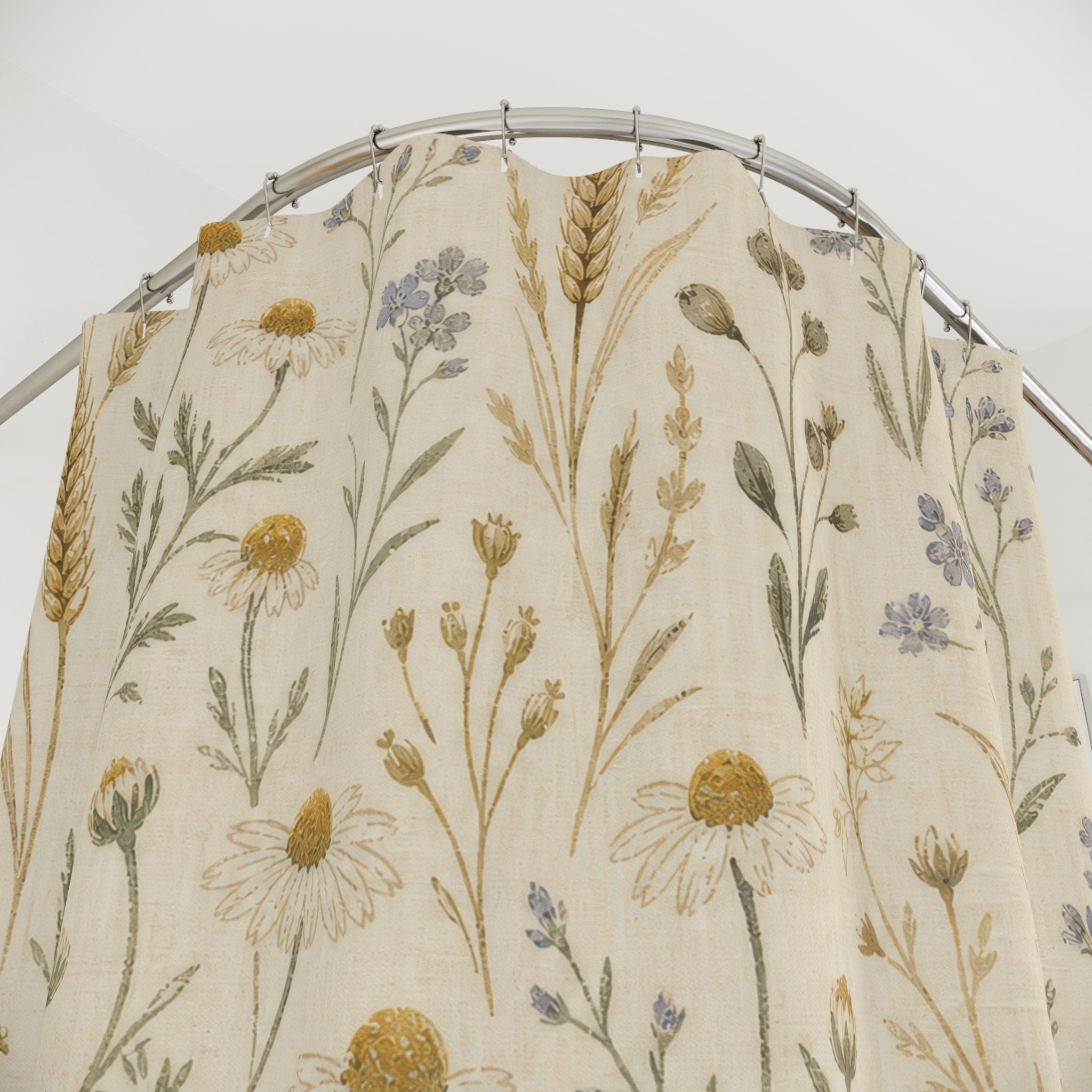 Farmhouse Shower Curtain, Rustic Botanical Bath Decor, Wheat Wildflower Pattern, Country Guest Bathroom Decor, Cream Meadow Style Decor