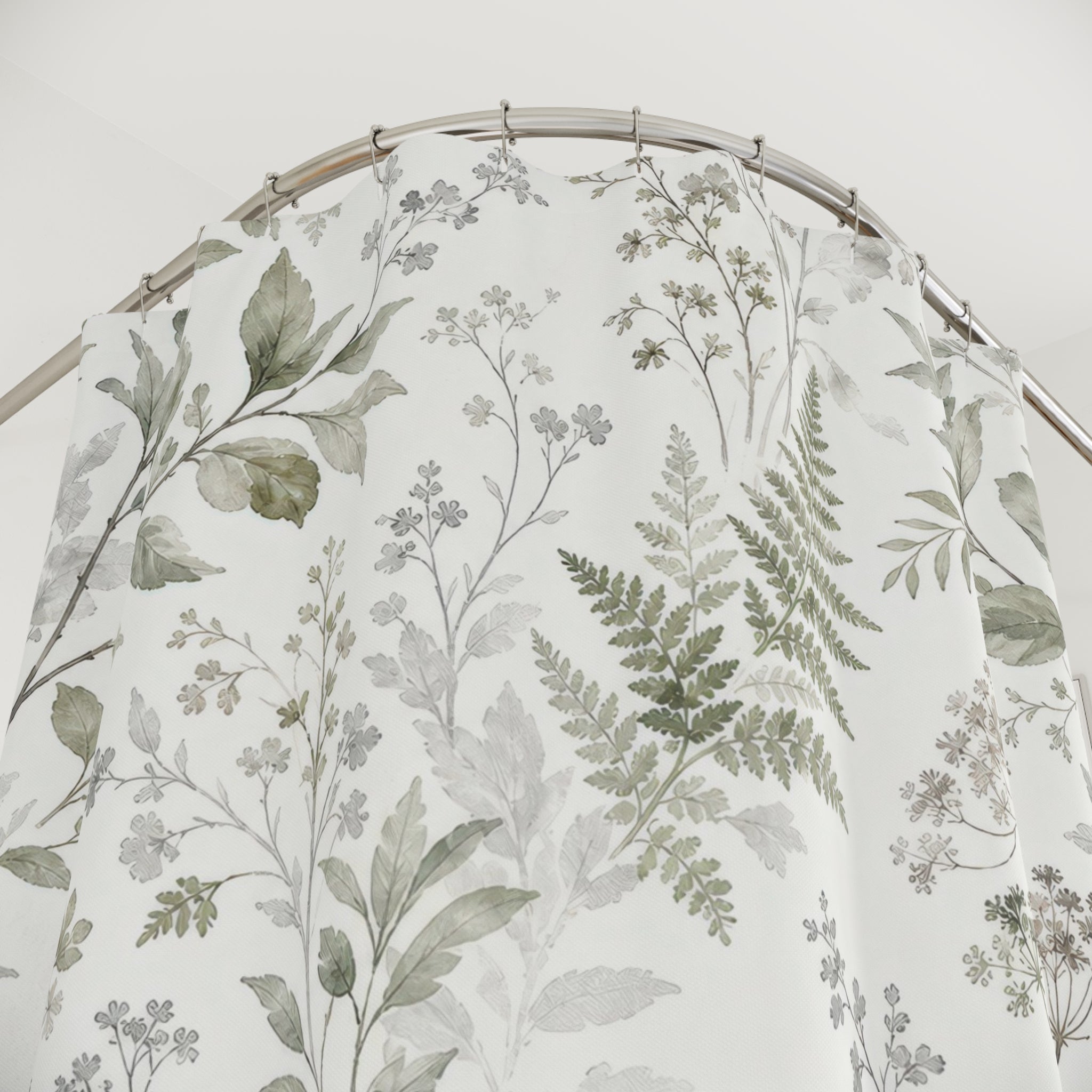 Green Grey Botanical Shower Curtain, Sage Green Nature Bathroom Decor, Botanical Floral Bath Curtain, Guest Bath Decor, Small Bathroom Decor