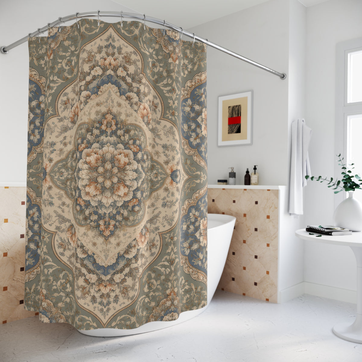 Vintage floral medallions in dusty blue sage and beige shower curtain beside a white vanity