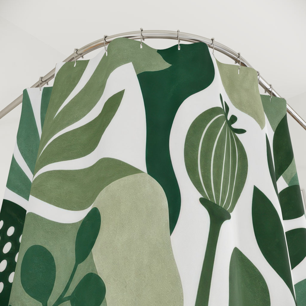 Green White Large Leaf Shower Curtain