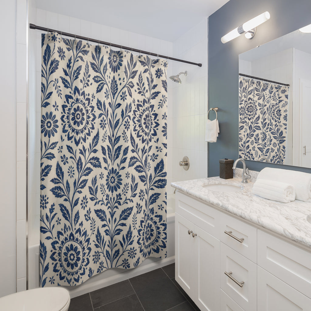 Blue Floral Shower Curtain, Navy Folk Botanical Medallion Pattern, Classic Cream Bathroom Decor, Classic Wall Decor Guest Bath Wall Gift