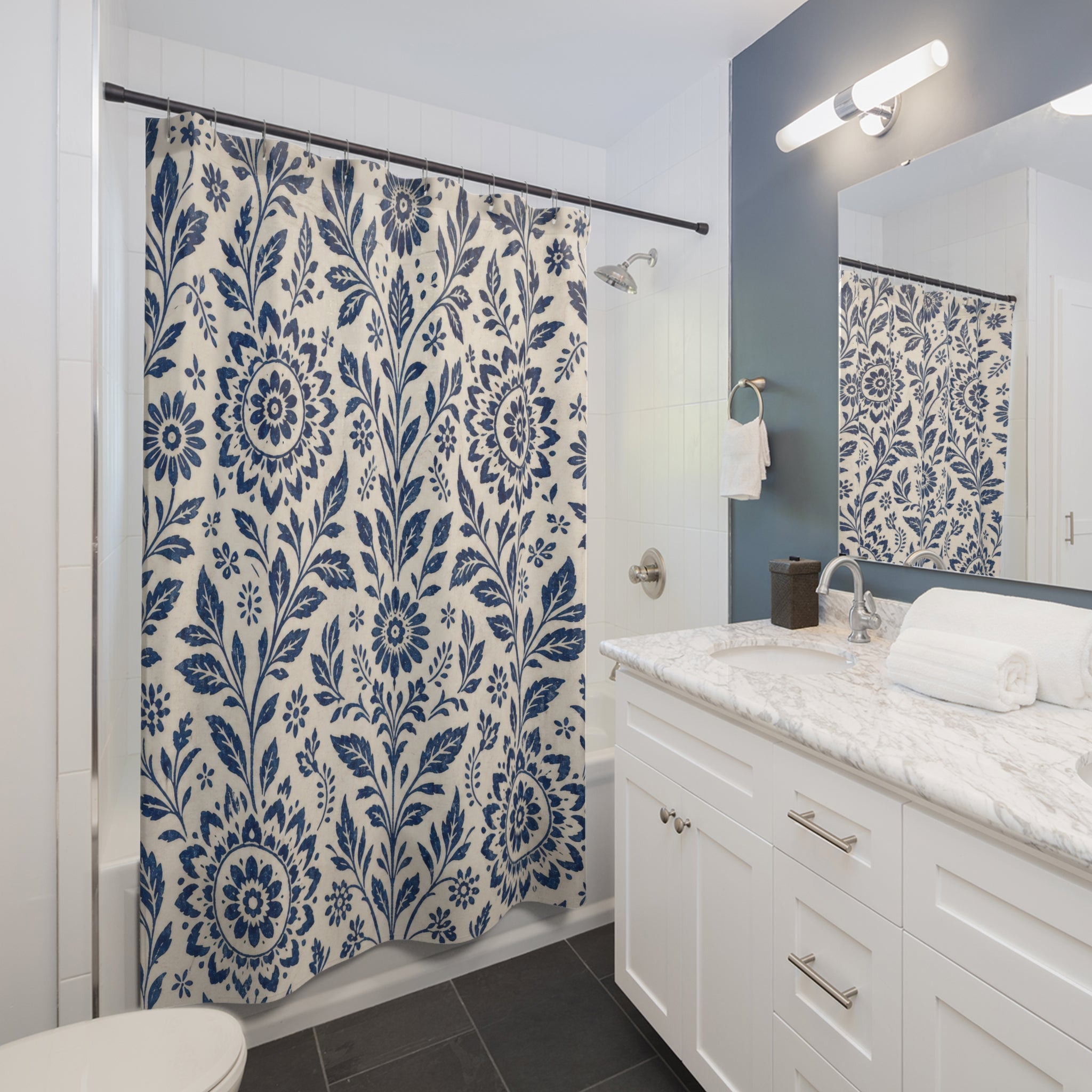 Blue Floral Shower Curtain, Navy Folk Botanical Medallion Pattern, Classic Cream Bathroom Decor, Classic Wall Decor Guest Bath Wall Gift