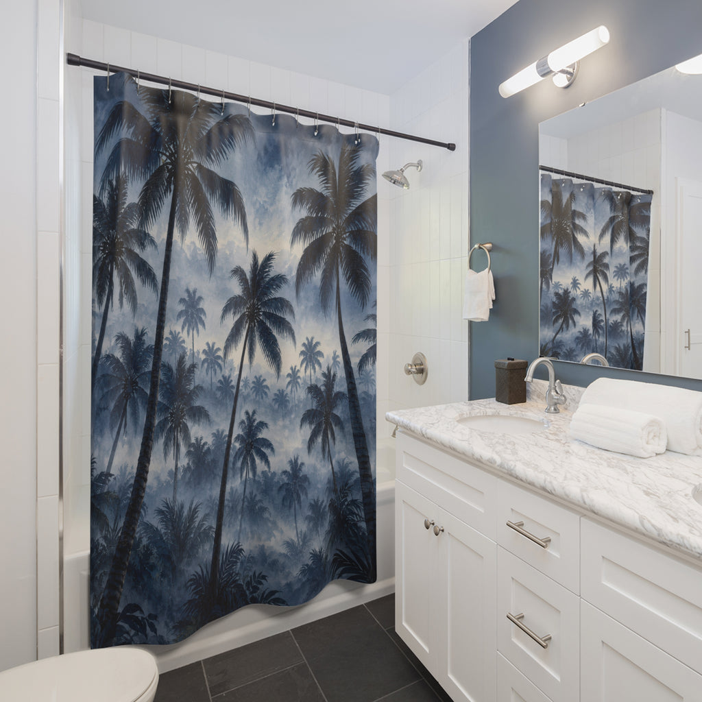 Navy palm grove fading into silvery blue mist shower curtain beside a white vanity