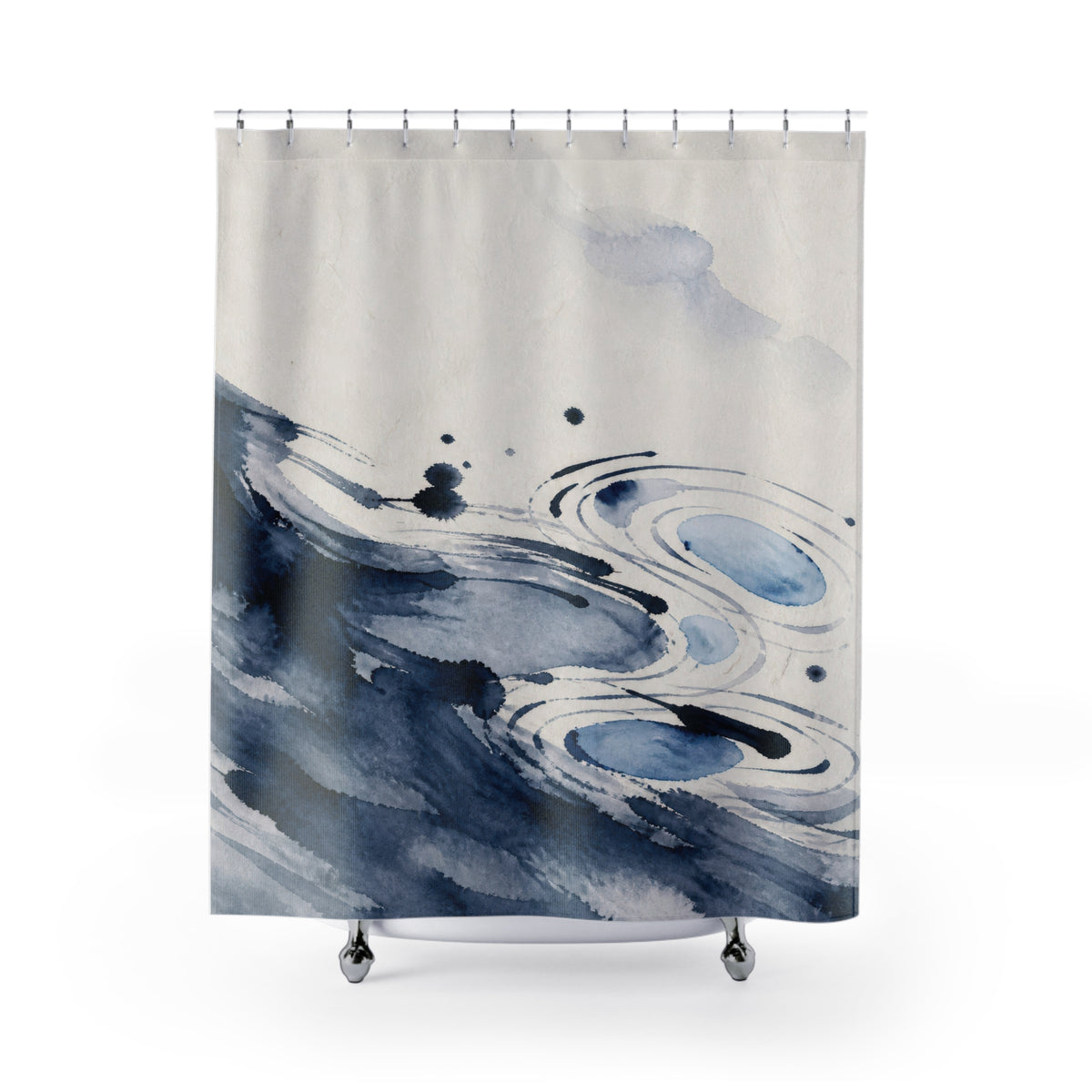 Blue Watercolor Abstract Bathroom Decor Navy Blue Bath Curtain shower curtain with close-up print, hooks, and folds