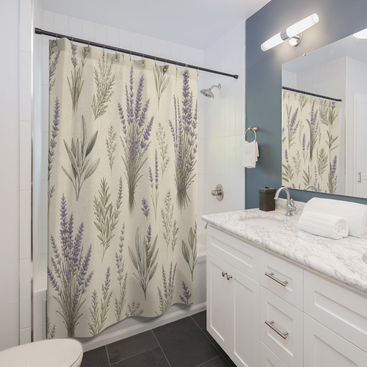 Purple Herb Botanical Lavender Floral Farmhouse shower curtain beside a white vanity