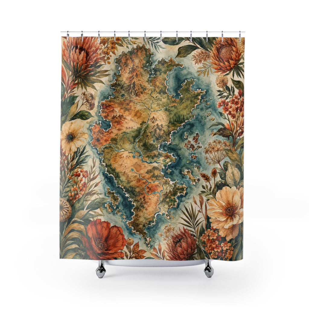Botanical island watercolor map shower curtain with full front view