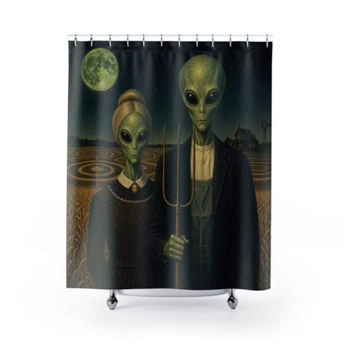 Alien American Gothic Unique Funny shower curtain with full front view