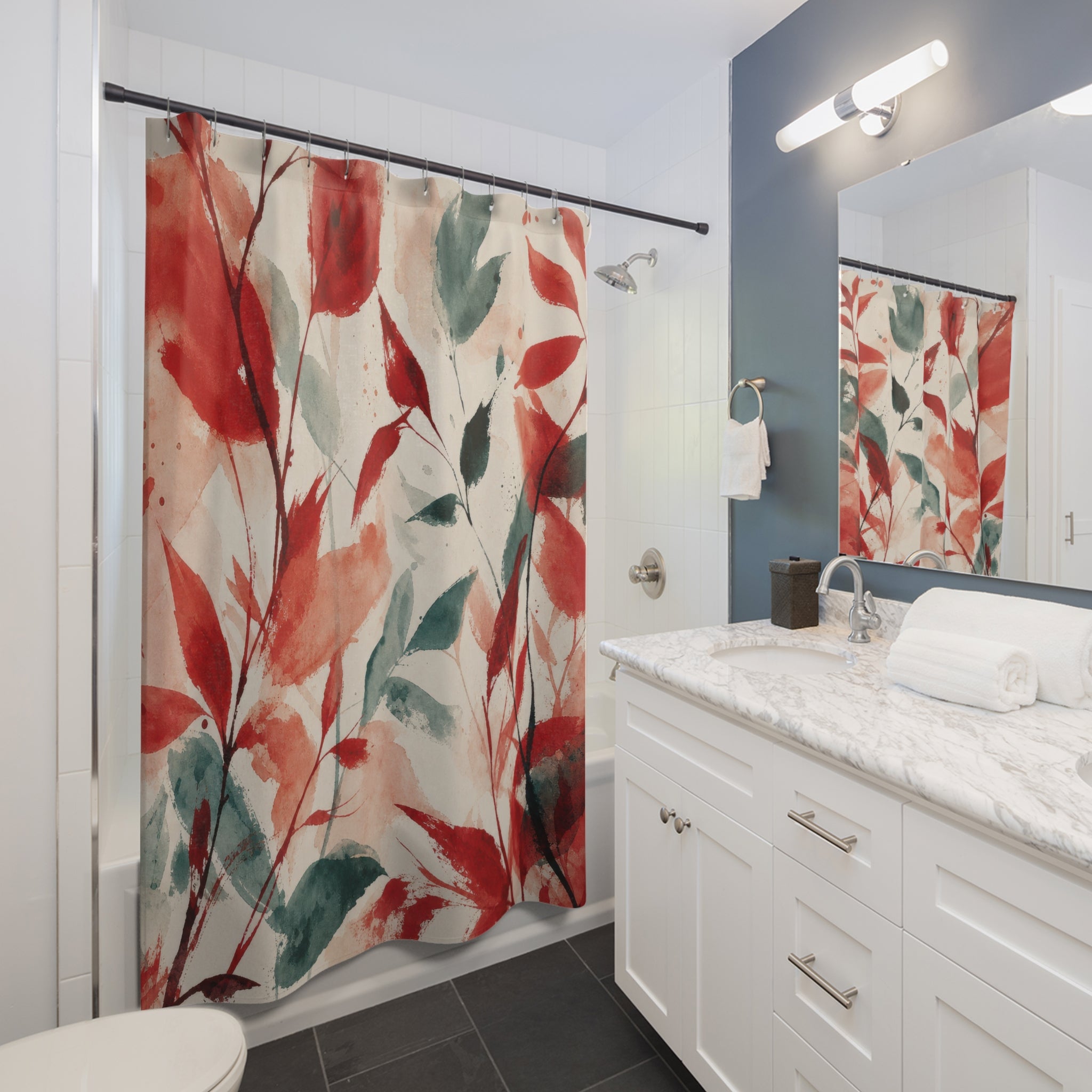 Teal Botanical Red Floral Shower Curtain