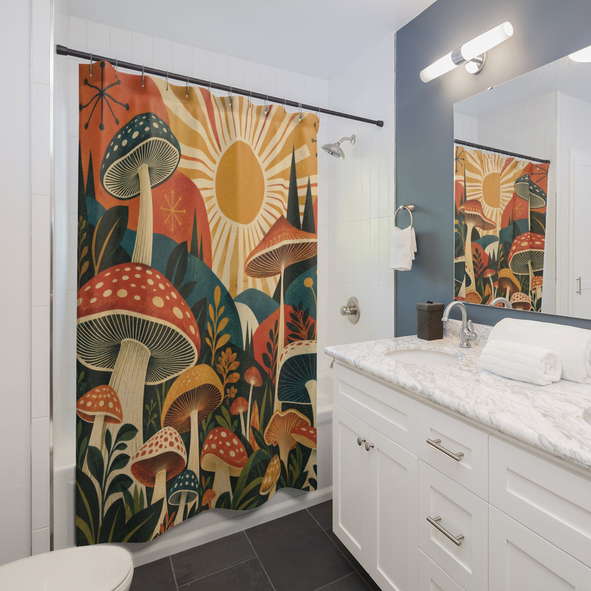 Vintage Mushroom Shower Curtain, Retro Sunburst