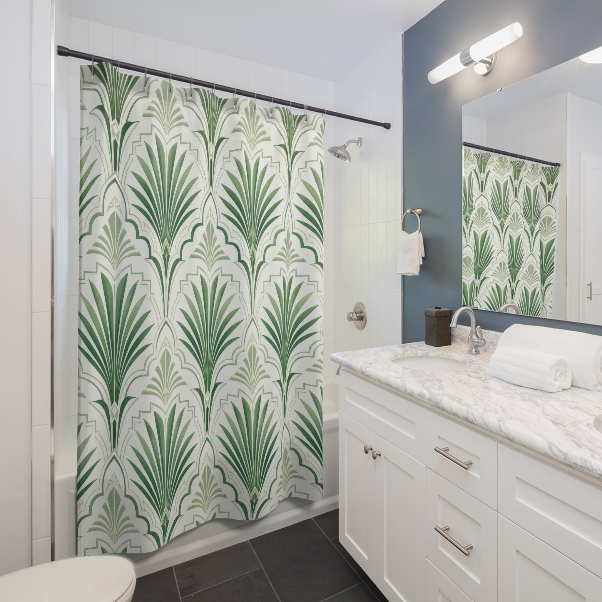 Green White Fan Arch Shower Curtain