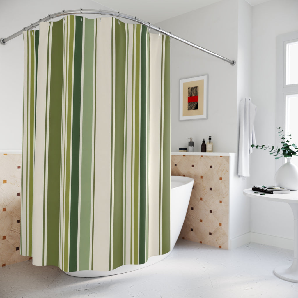 Olive Sage Green White Stripe Shower Curtain