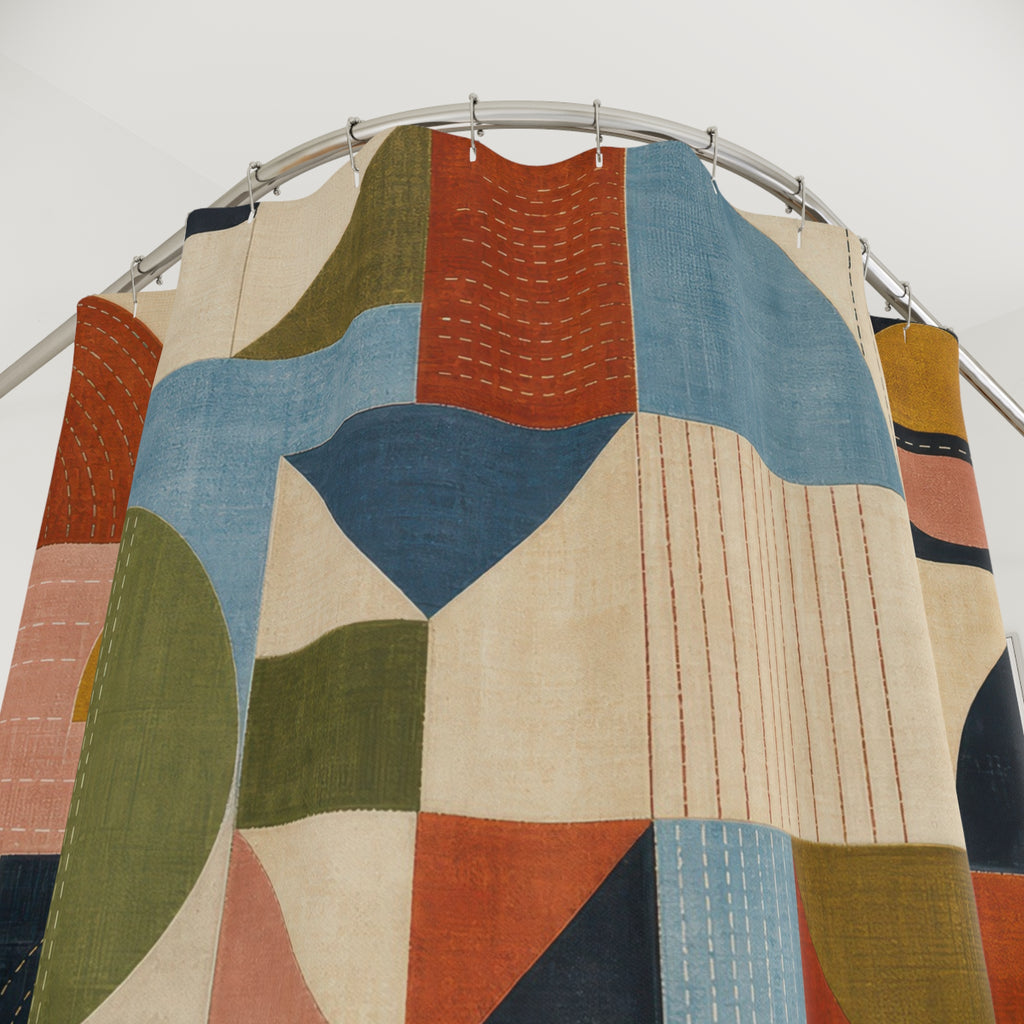 Unique Mid Century Shower Curtain, Modern Geometric Patchwork Art, Rust Teal Mustard Decor, Abstract Guest Bath, Retro Apartment Style
