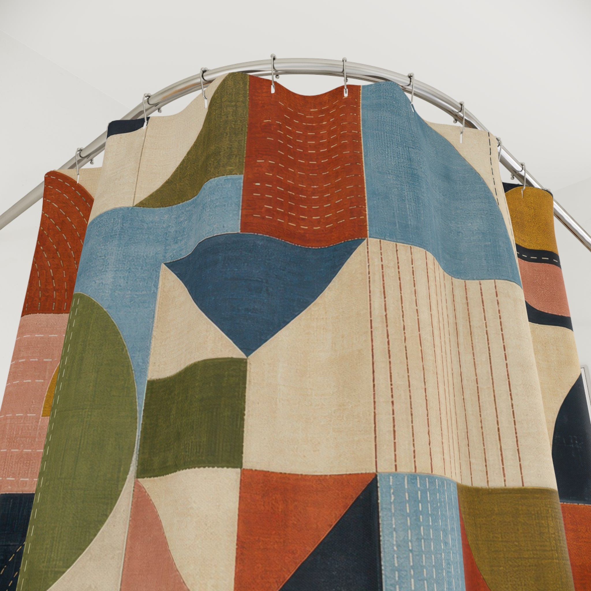 Unique Mid Century Shower Curtain, Modern Geometric Patchwork Art, Rust Teal Mustard Decor, Abstract Guest Bath, Retro Apartment Style