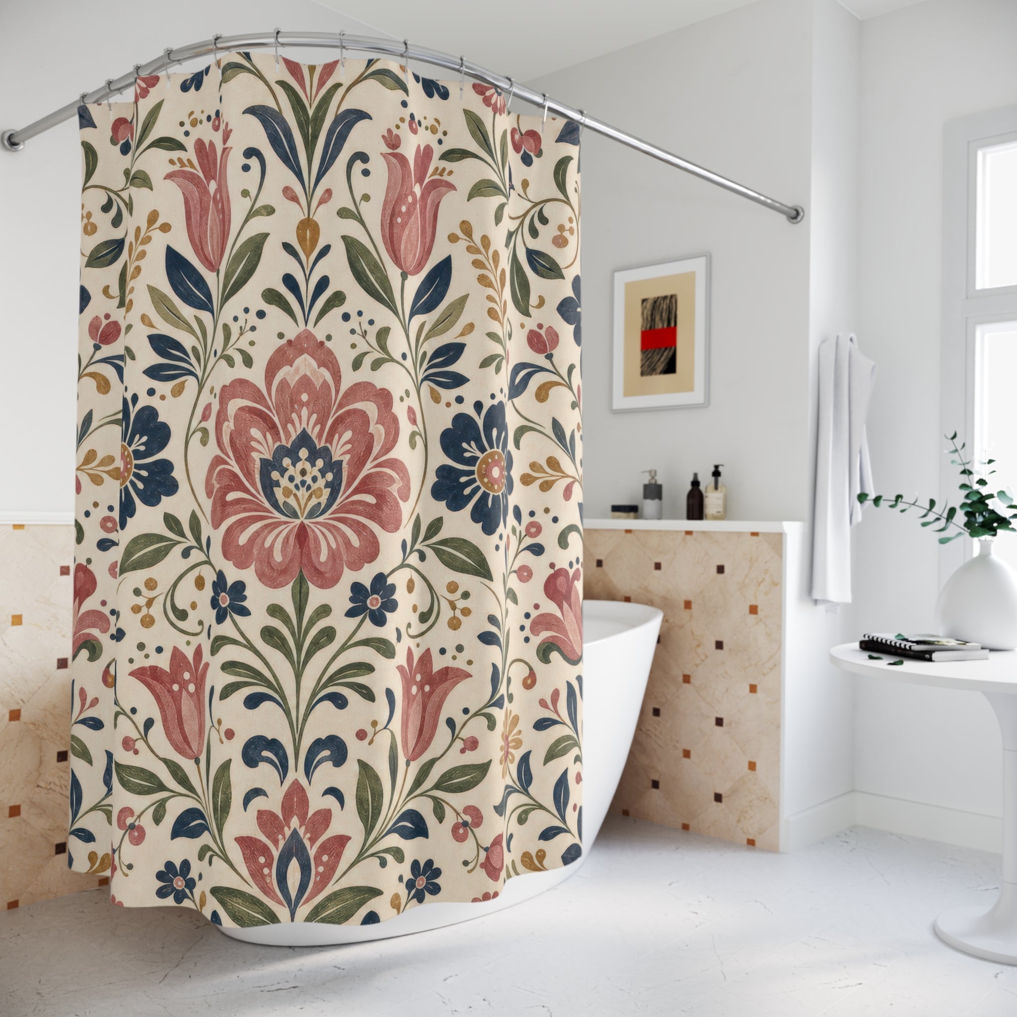 Floral Motif Shower Curtain: Folk Botanical Pattern