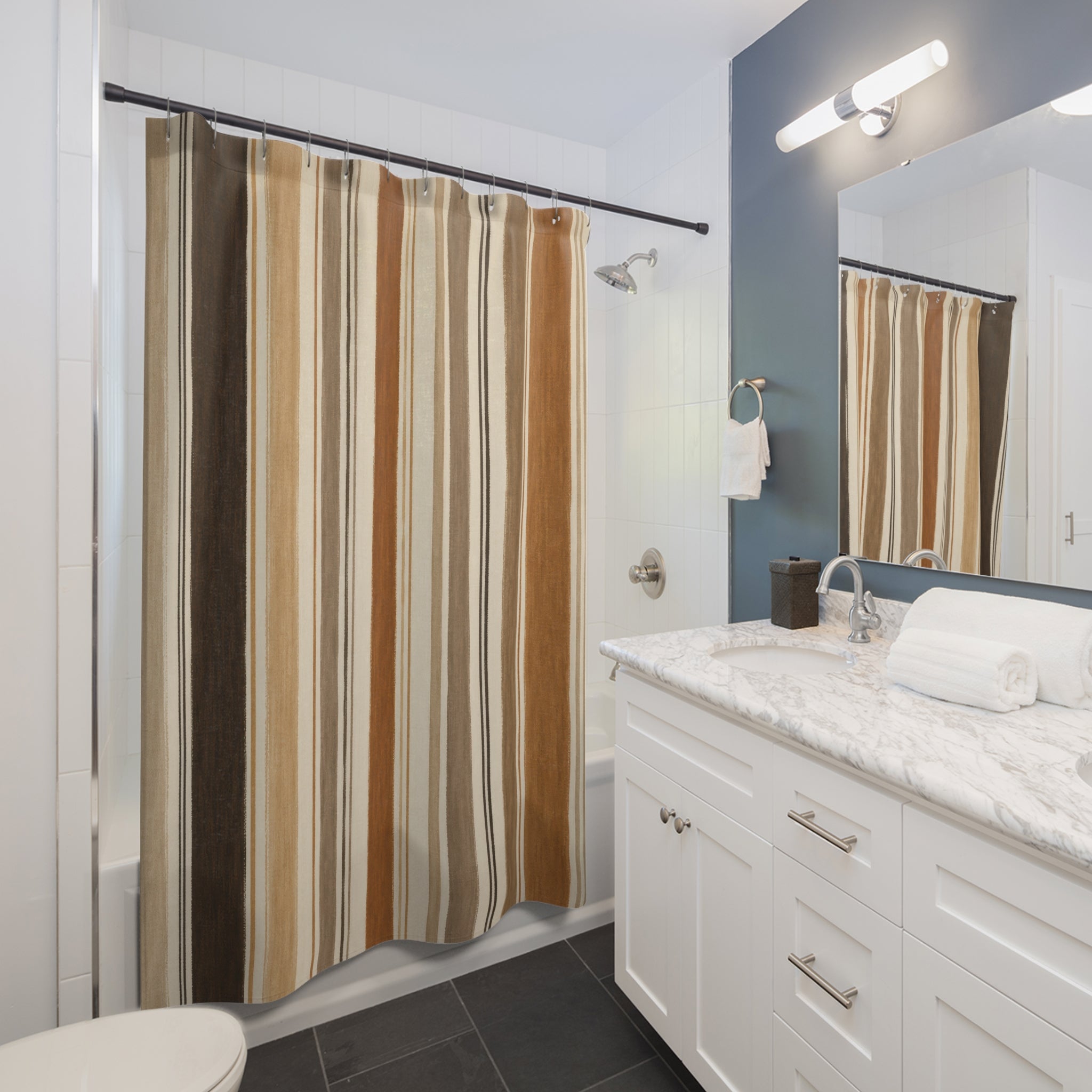 Black Brown Tan Vertical Stripe Shower Curtain