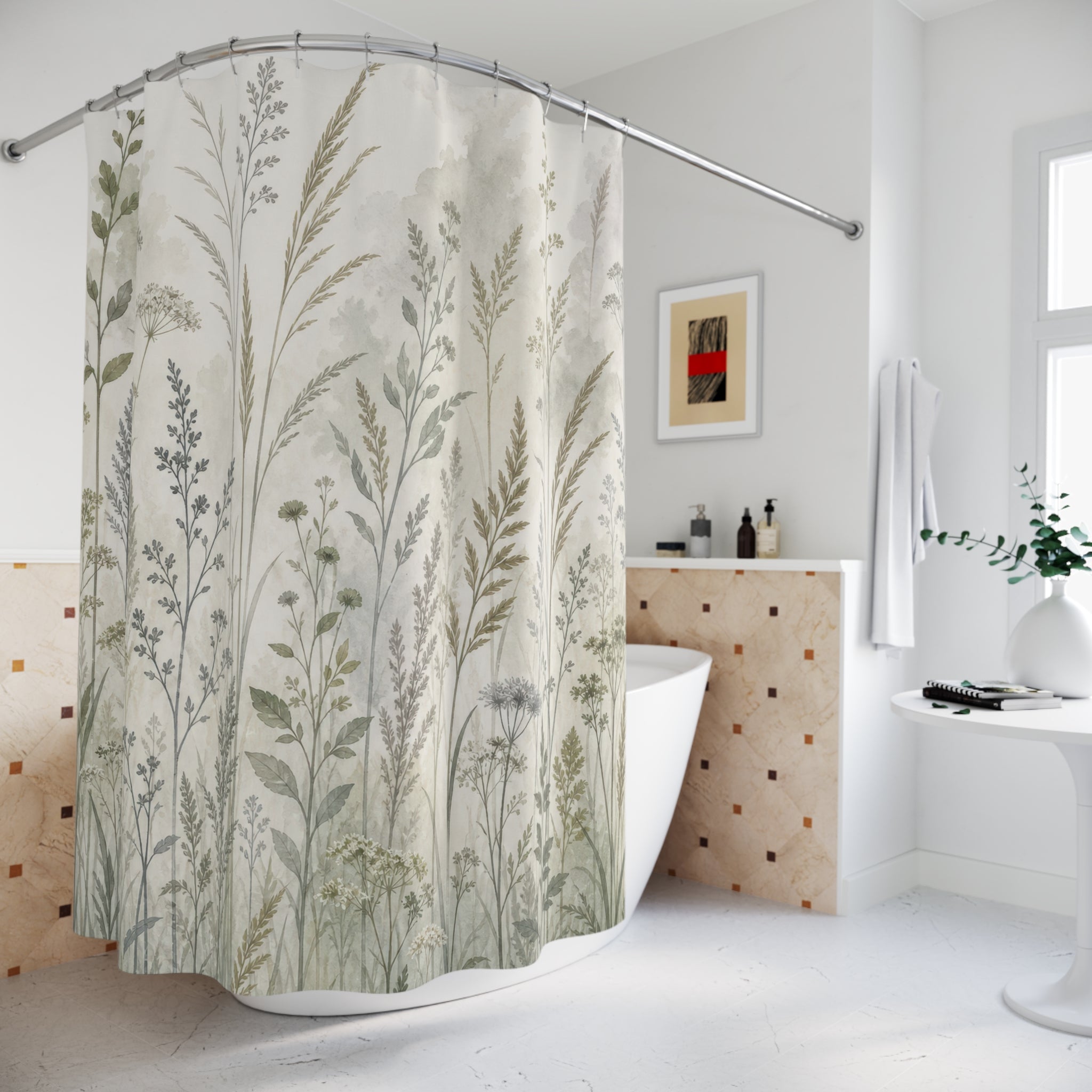 Sage Meadow Shower Curtain, Sage Green Nature Bathroom Decor, Wildflower Botanical Bath Curtain, Guest Bath Decor, Small Bathroom Decor