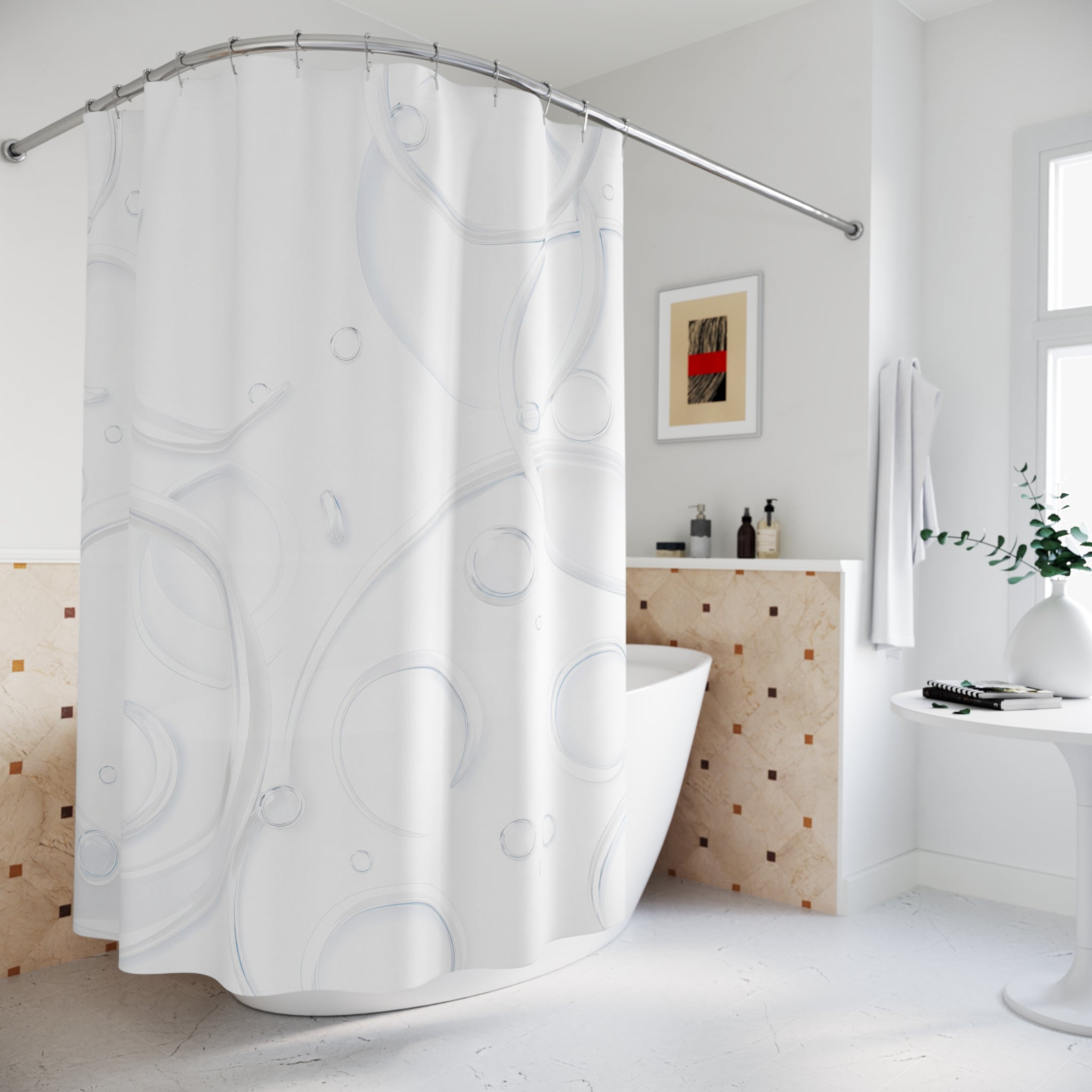 White Shower Curtain, Modern Abstract Bath Decor, Faint Circle Pattern, Minimal Guest Bathroom Decor, Soft Neutral White Style Decor