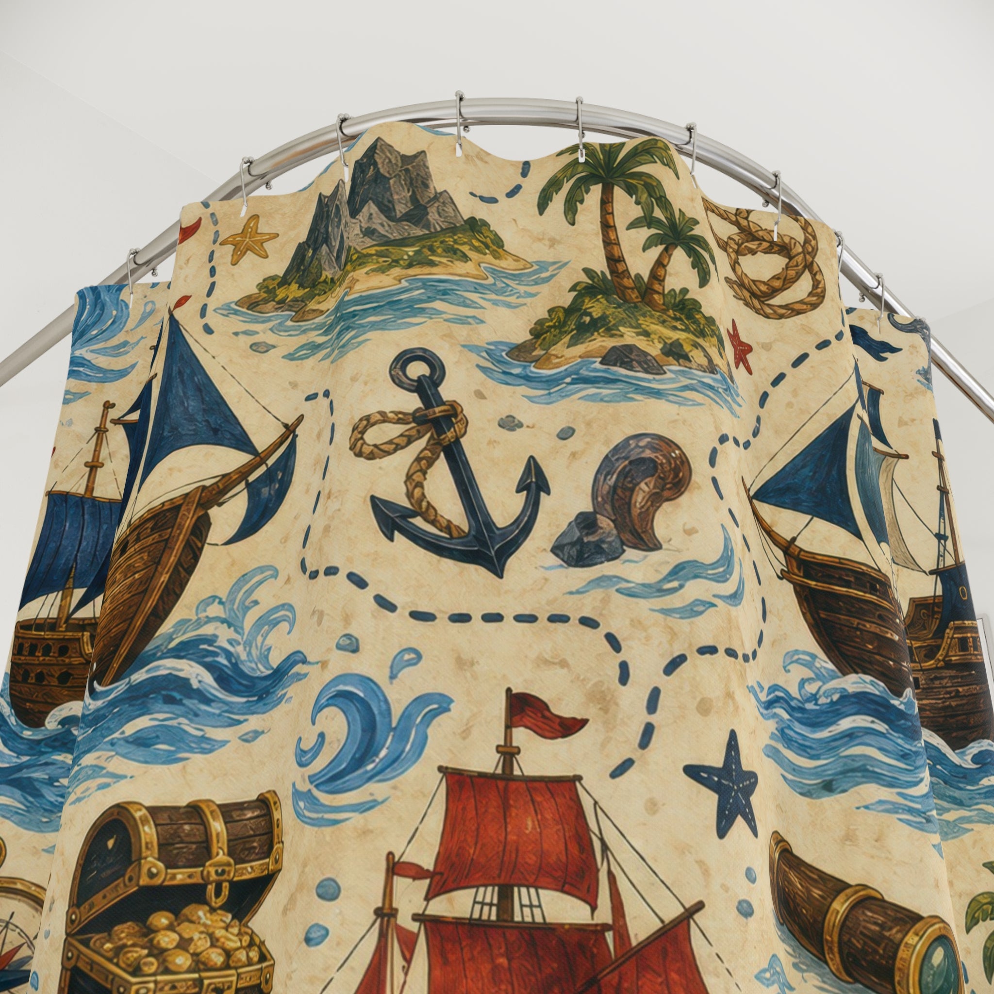 Pirate Ship Shower Curtain, Blue Kids Bathroom Decor, Treasure Map Bath Curtain, Boys Bathroom Decor, Nautical Adventure, Playful Style