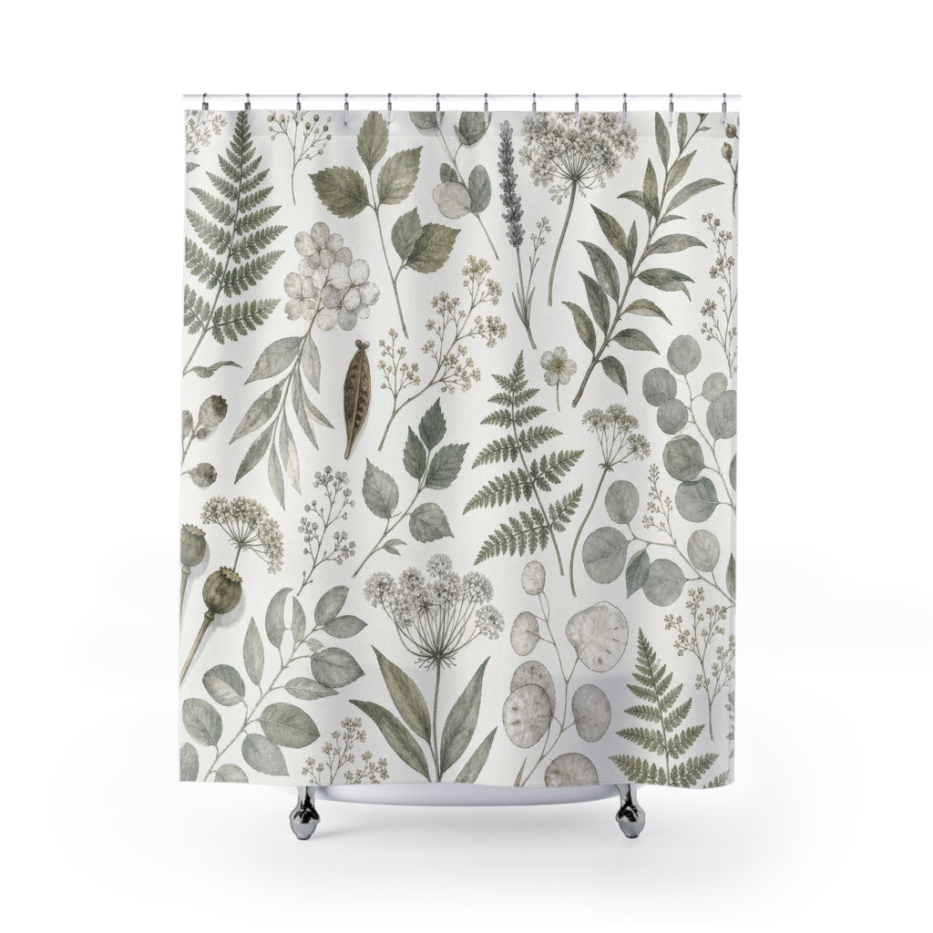 Green Herbarium Shower Curtain, Sage Green Nature Bathroom Decor, Herbarium Botanical Bath Curtain, Guest Bath Decor, Small Bathroom Decor