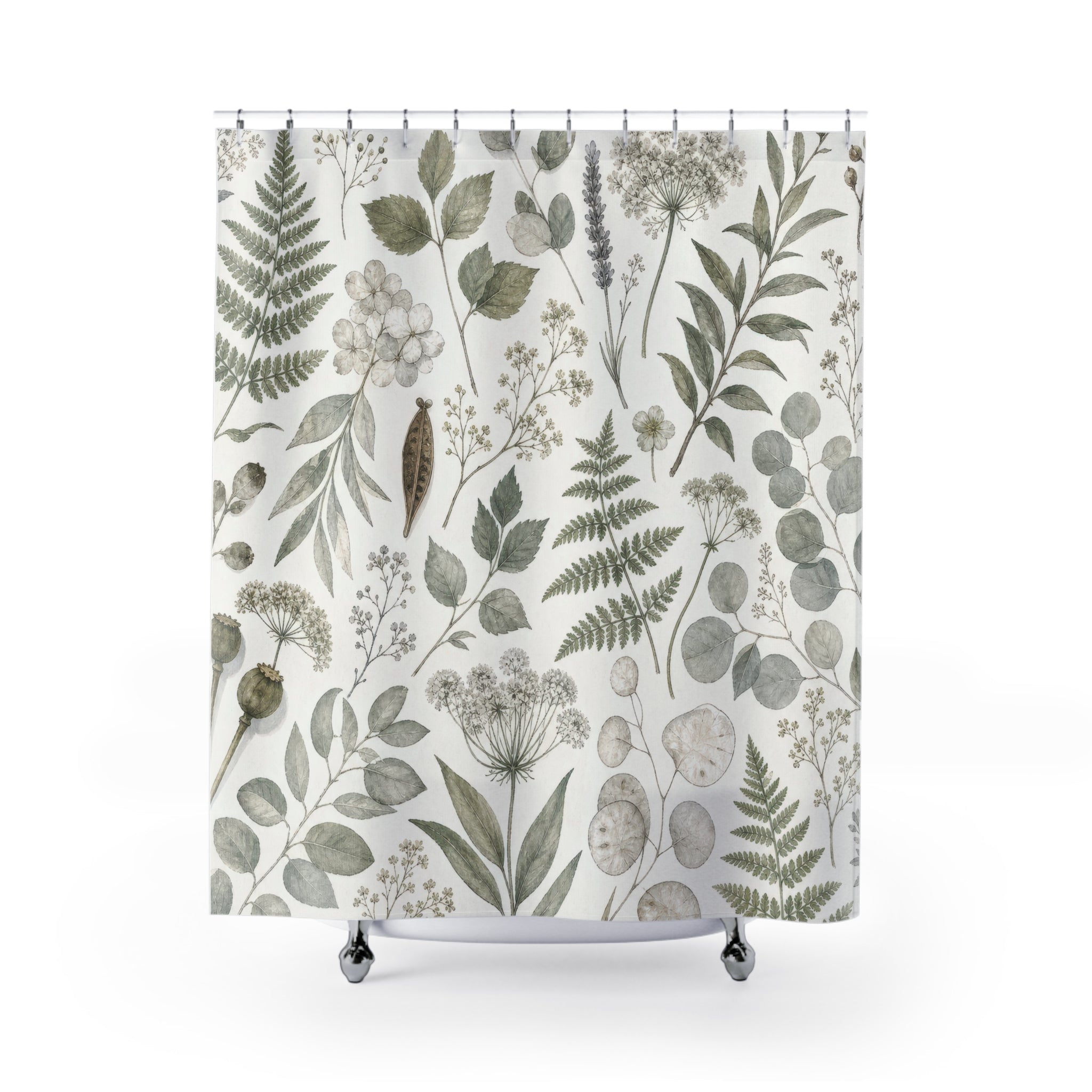 Green Herbarium Shower Curtain, Sage Green Nature Bathroom Decor, Herbarium Botanical Bath Curtain, Guest Bath Decor, Small Bathroom Decor