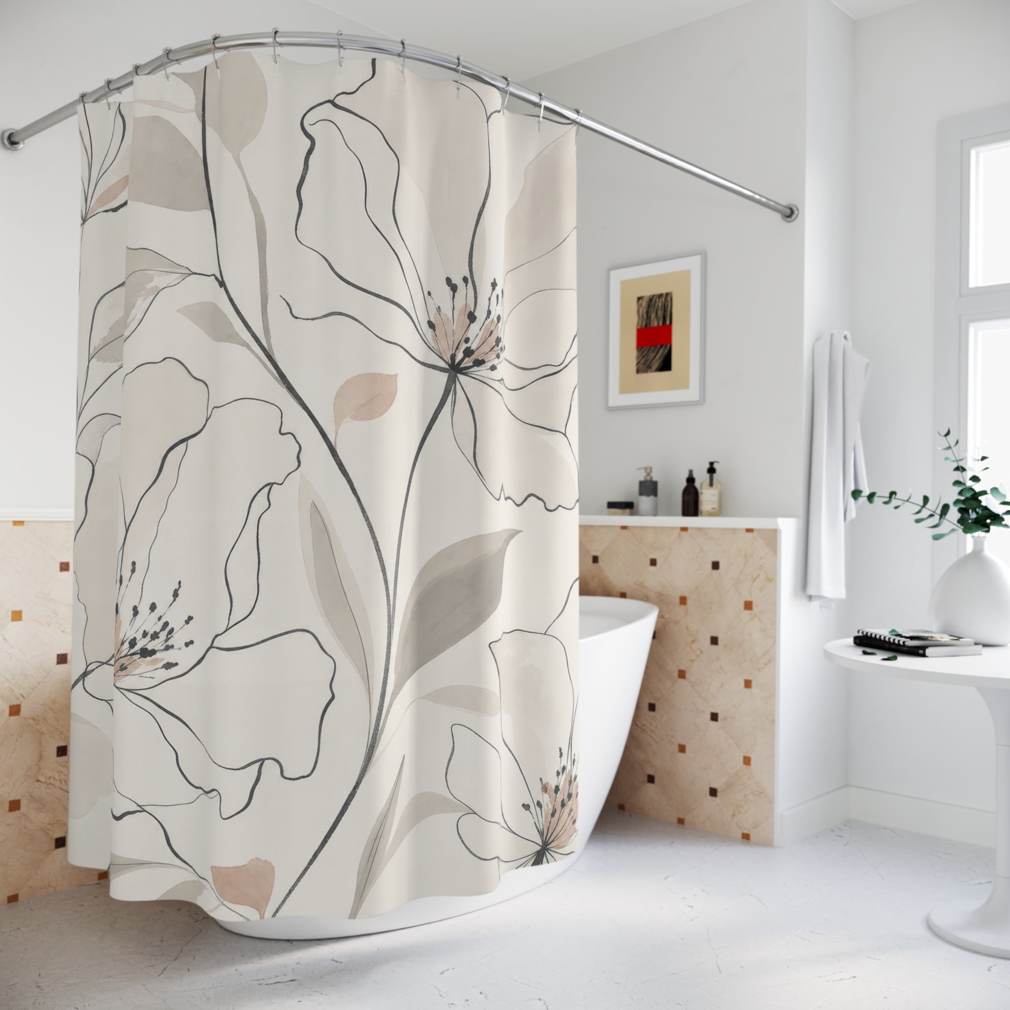 Black Beige Line Art Flower Shower Curtain