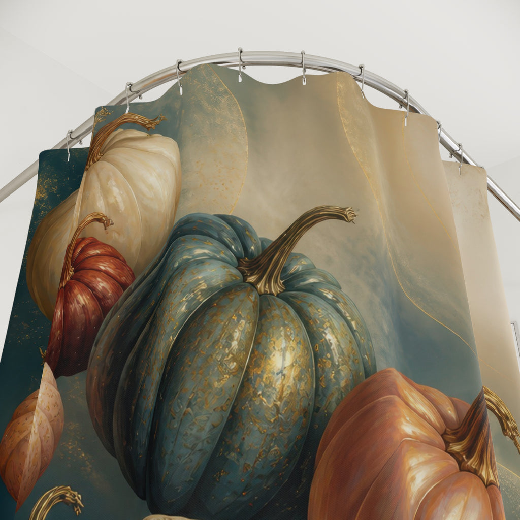 Teal and peach floating pumpkin cascade shower curtain with close-up print, hooks, and folds