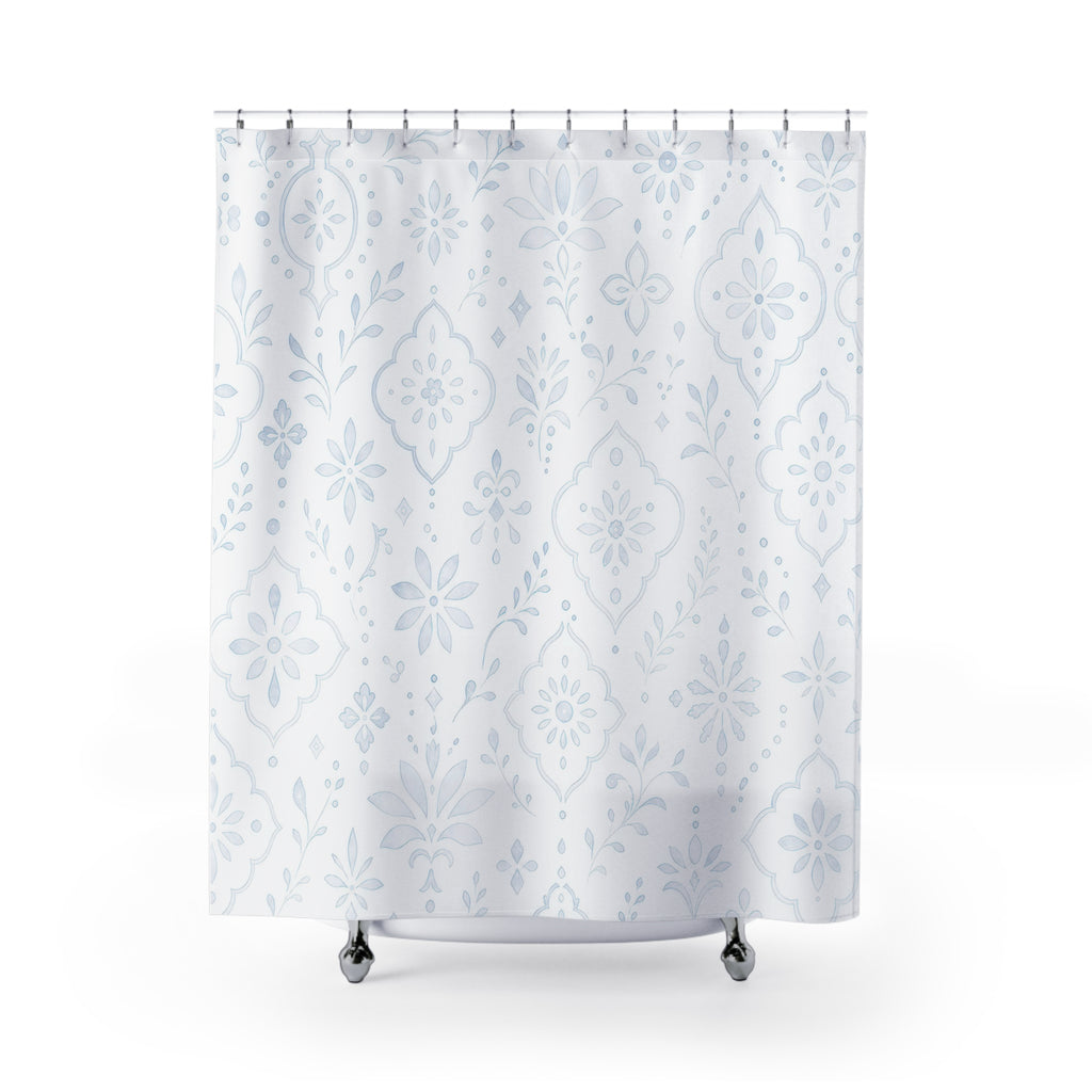 White Boho Shower Curtain, Damask Floral Bath Decor, Pale Blue Gray Ornament Pattern, Guest Bathroom Decor, Soft Classic Style, White Style