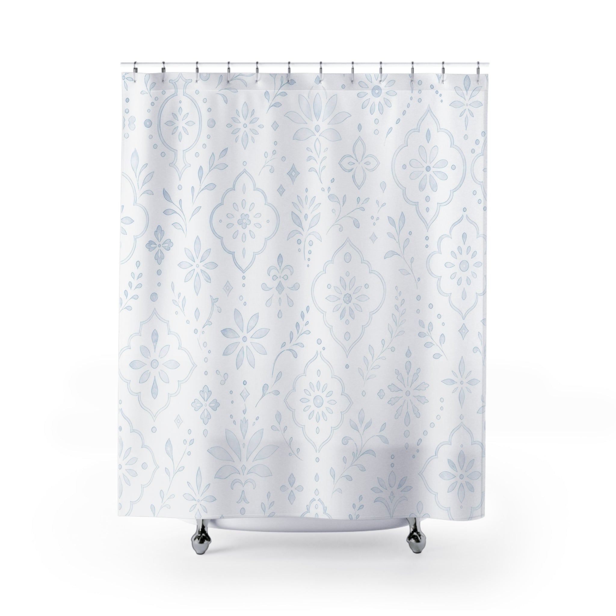 White Boho Shower Curtain, Damask Floral Bath Decor, Pale Blue Gray Ornament Pattern, Guest Bathroom Decor, Soft Classic Style, White Style