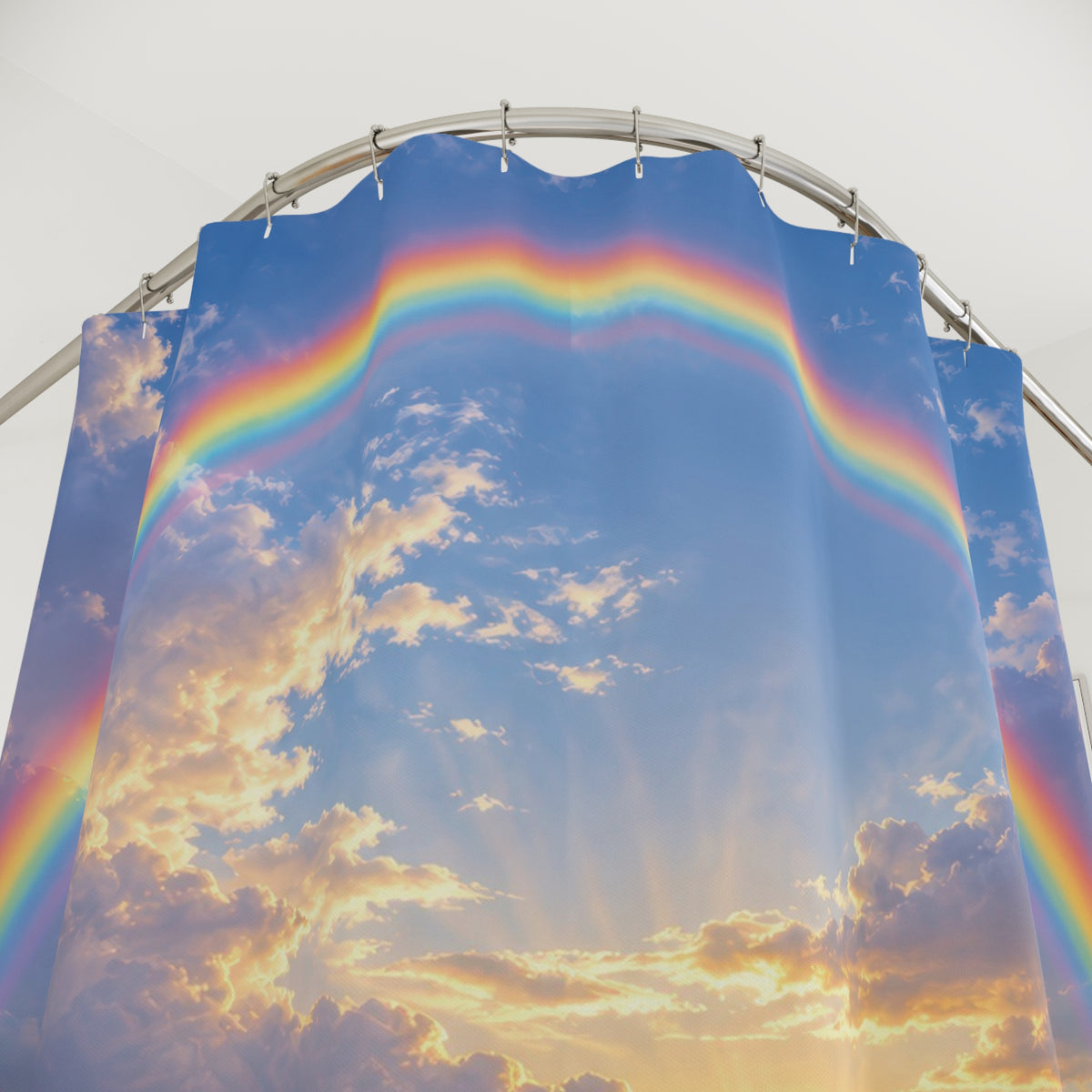 Rainbow over a green meadow and reflective water shower curtain with close-up print, hooks, and folds