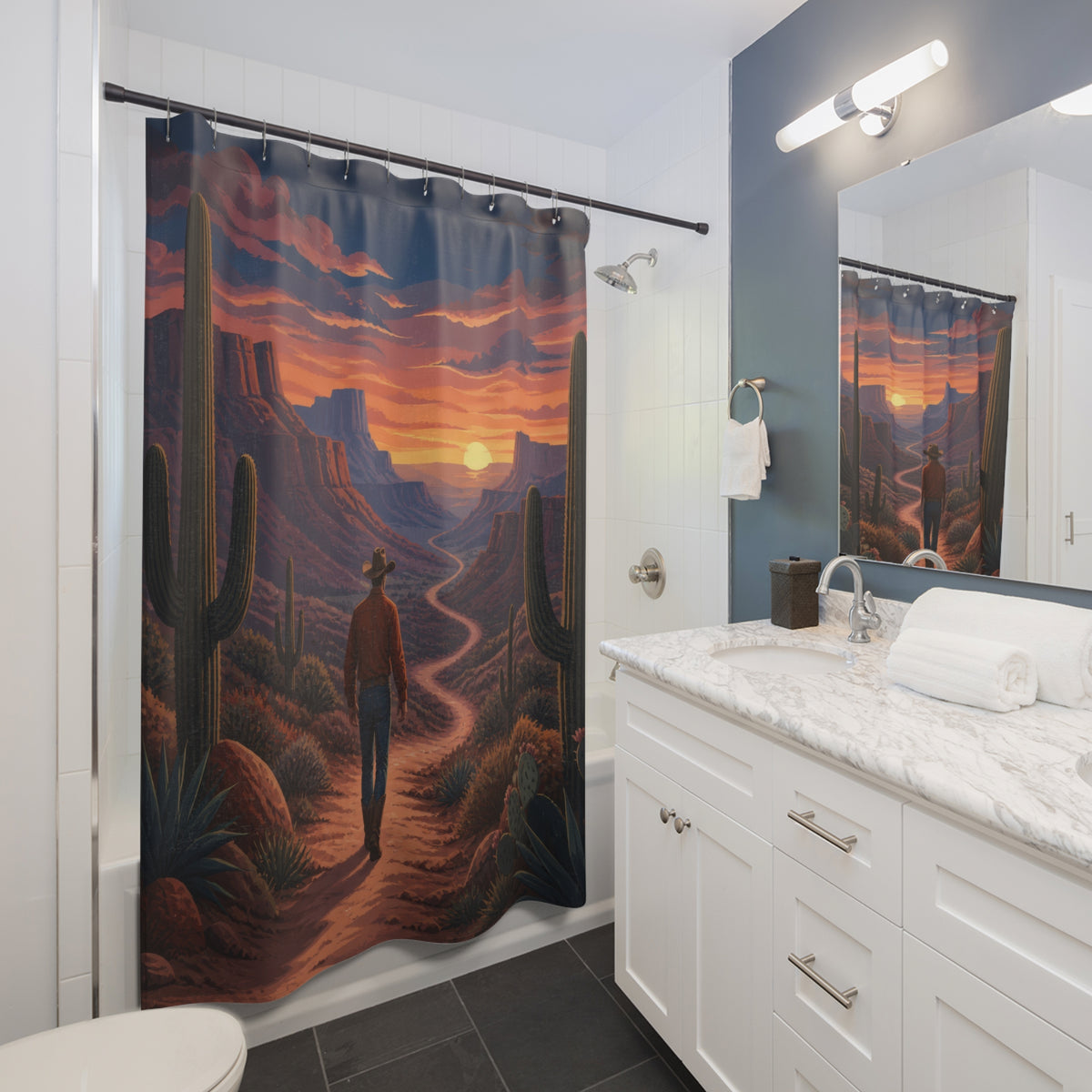 Lone cowboy walking a cactus-lined canyon trail shower curtain beside a white vanity