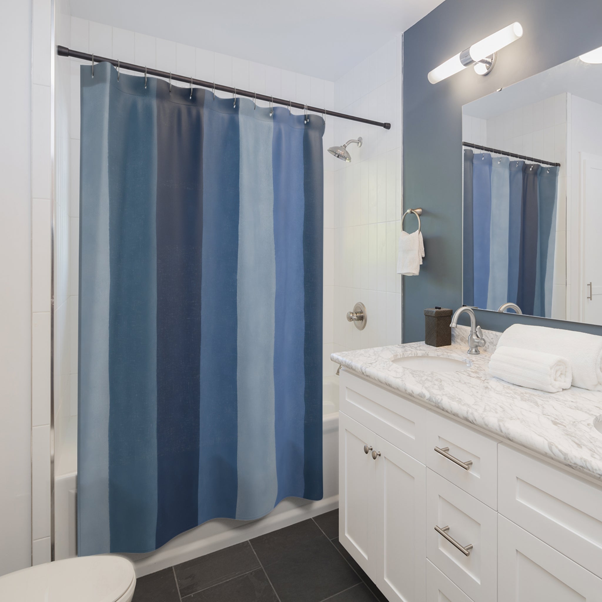 Muted Navy Slate Vertical Bands Shower Curtain