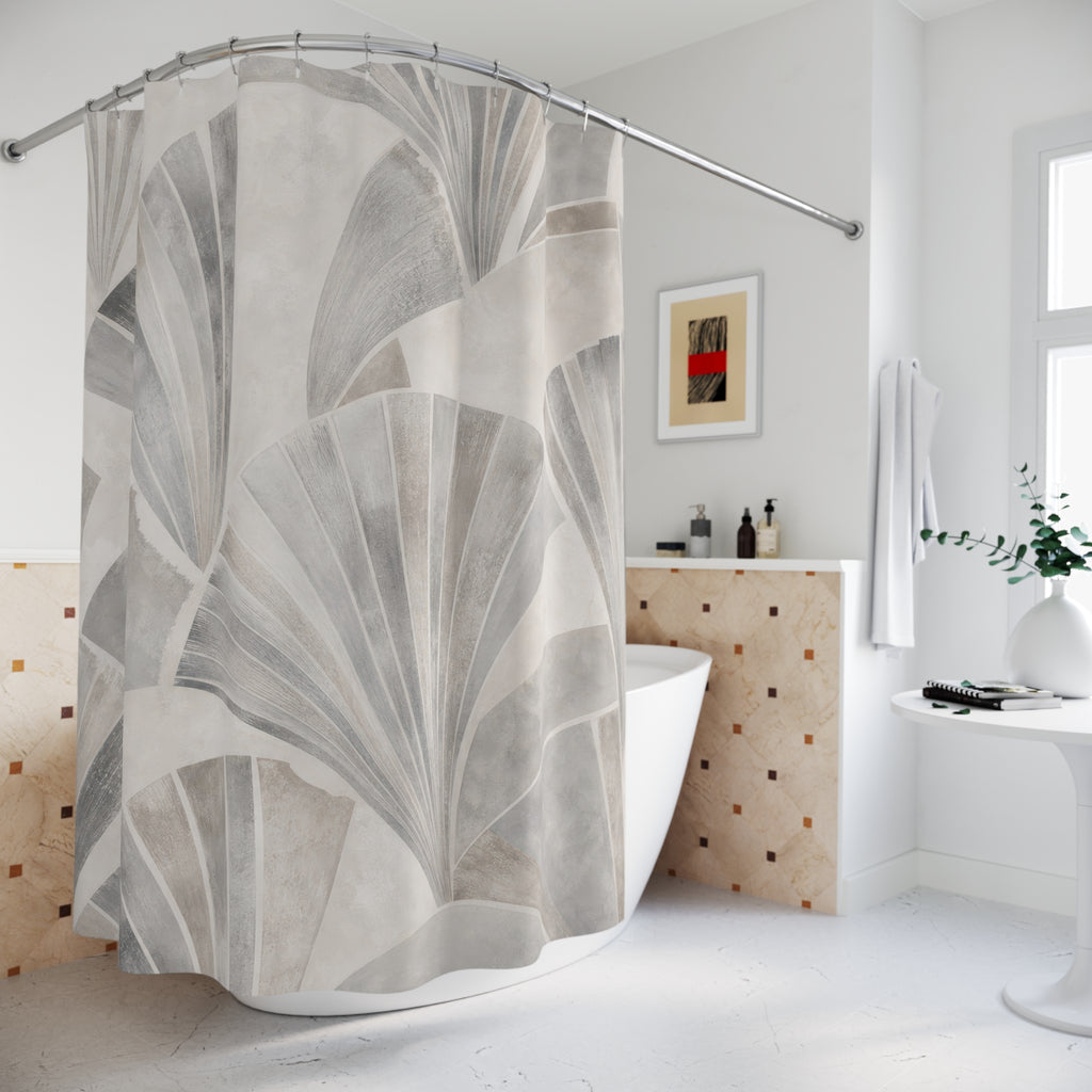 Art Deco Shower Curtain, Gray Geometric Bath Decor, Fan Arch Pattern, Modern Neutral Guest Bathroom Decor, Architectural Fan Style