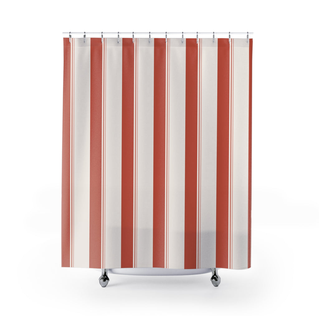 Beige and Coral Ticking Stripe Shower Curtain