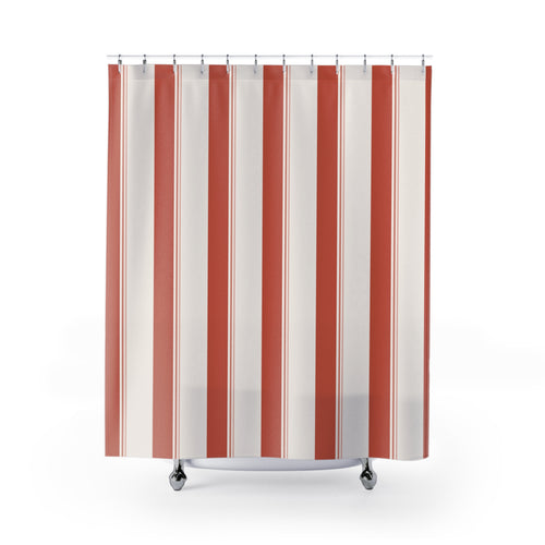 Beige and Coral Ticking Stripe Shower Curtain