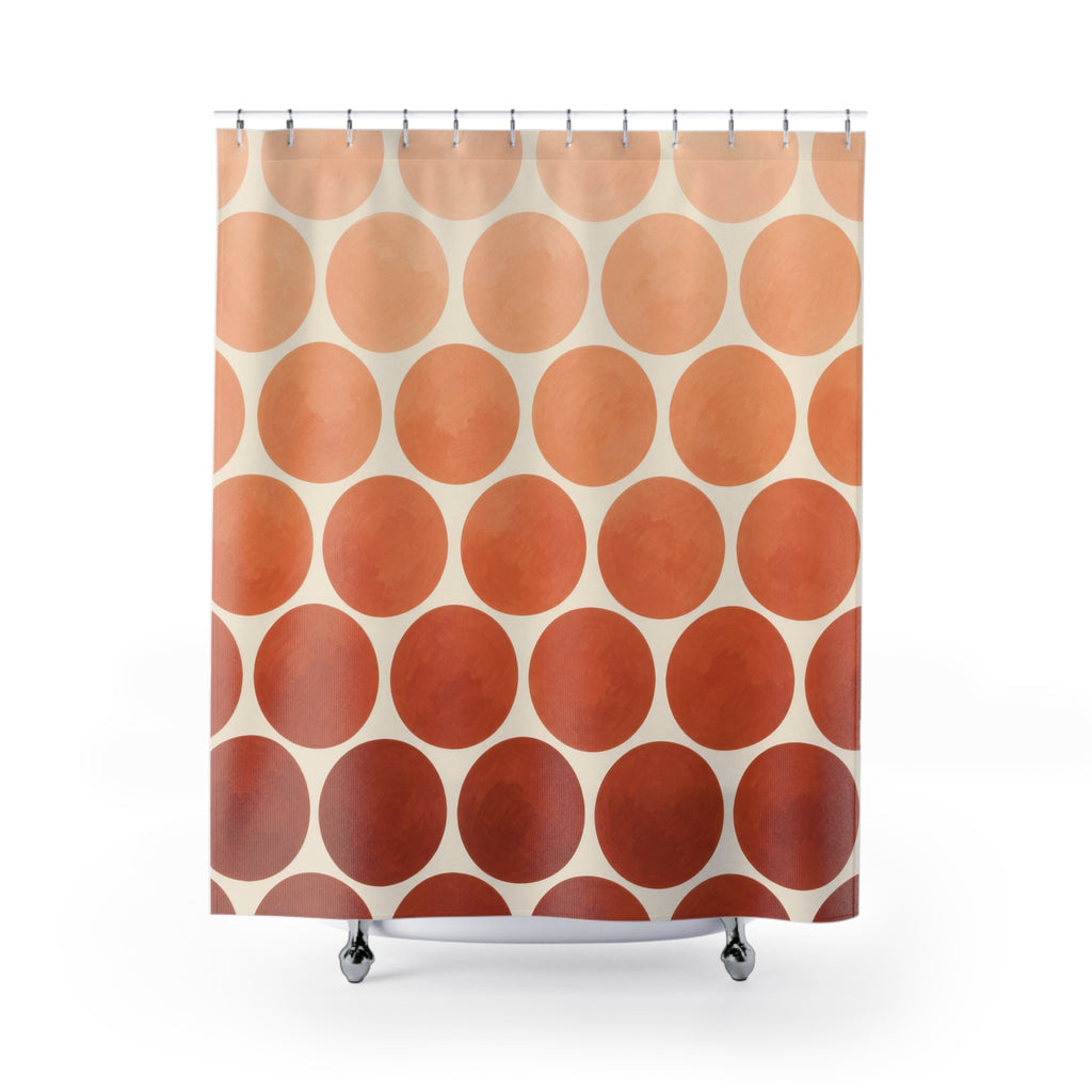Peach to terracotta ombre dots on ivory shower curtain with full front view