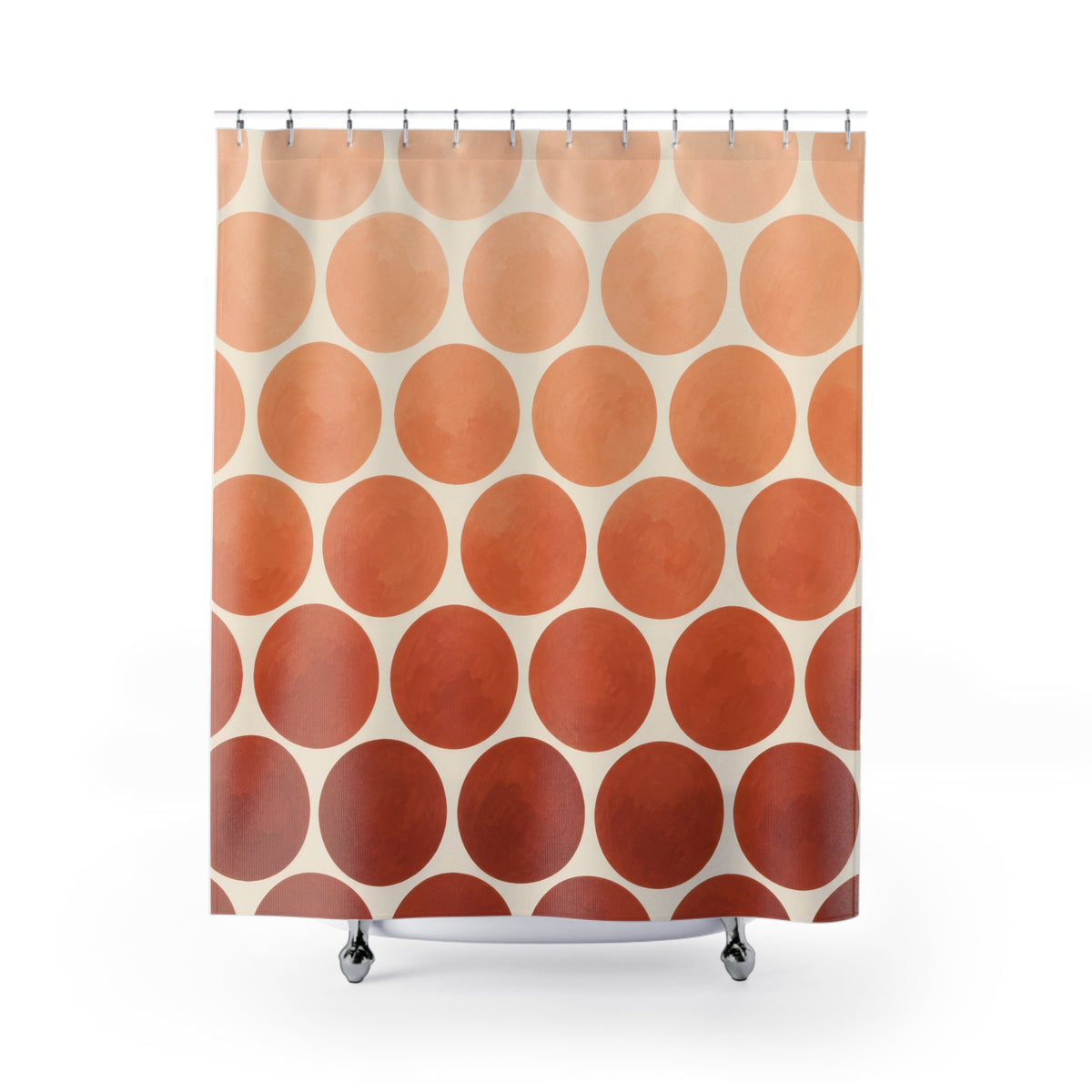 Peach to terracotta ombre dots on ivory shower curtain with full front view