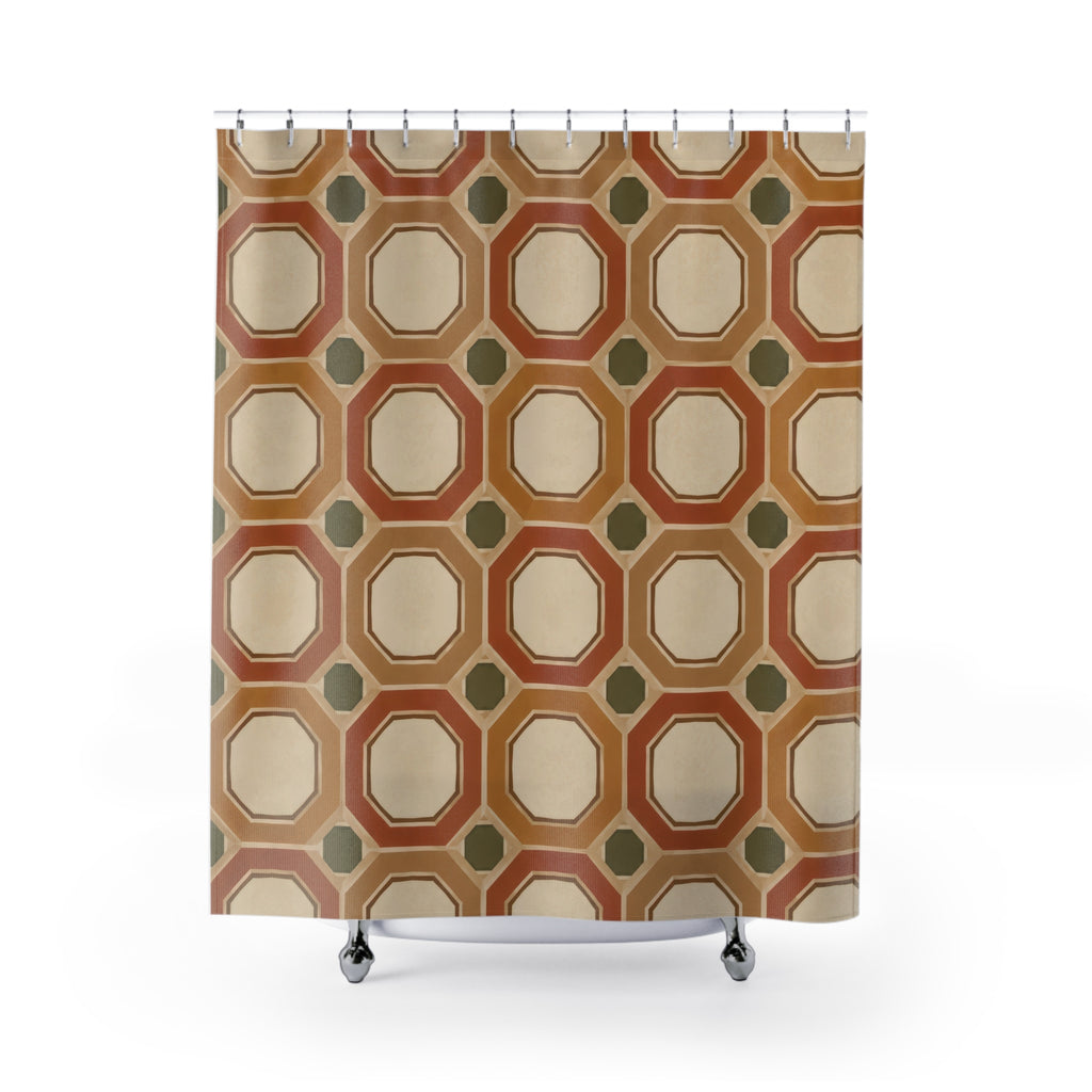 Ochre and terracotta octagons with cream centers shower curtain with full front view