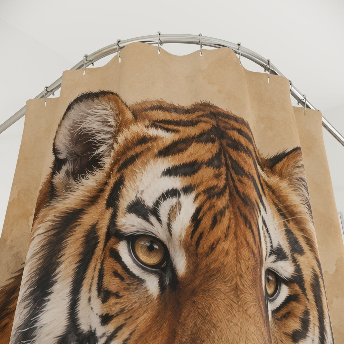 Orange and black tiger portrait on beige watercolor shower curtain with close-up print, hooks, and folds