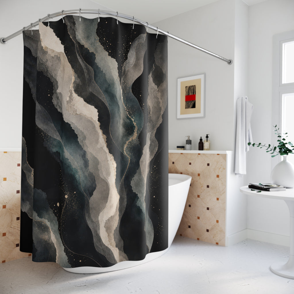 Black Abstract Shower Curtain, Smoky Gray Blue Bath Decor, Modern Mineral Stripe Pattern, Dark Bathroom Decor, Moody Guest Bathroom