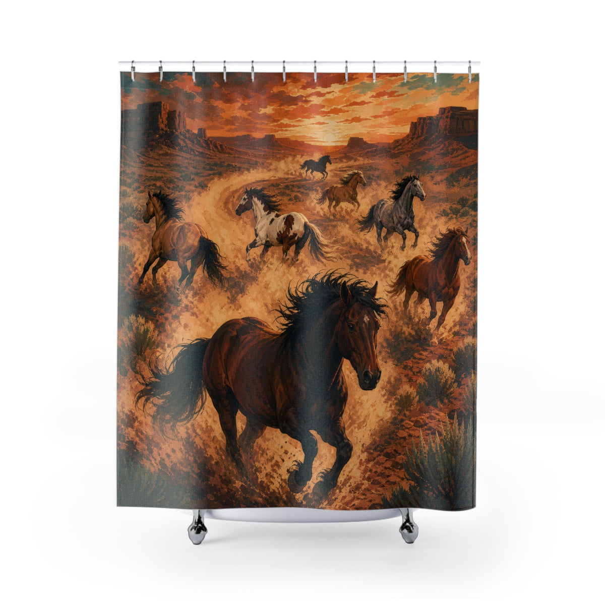 Wild mustang herd racing through glowing desert dust shower curtain with full front view