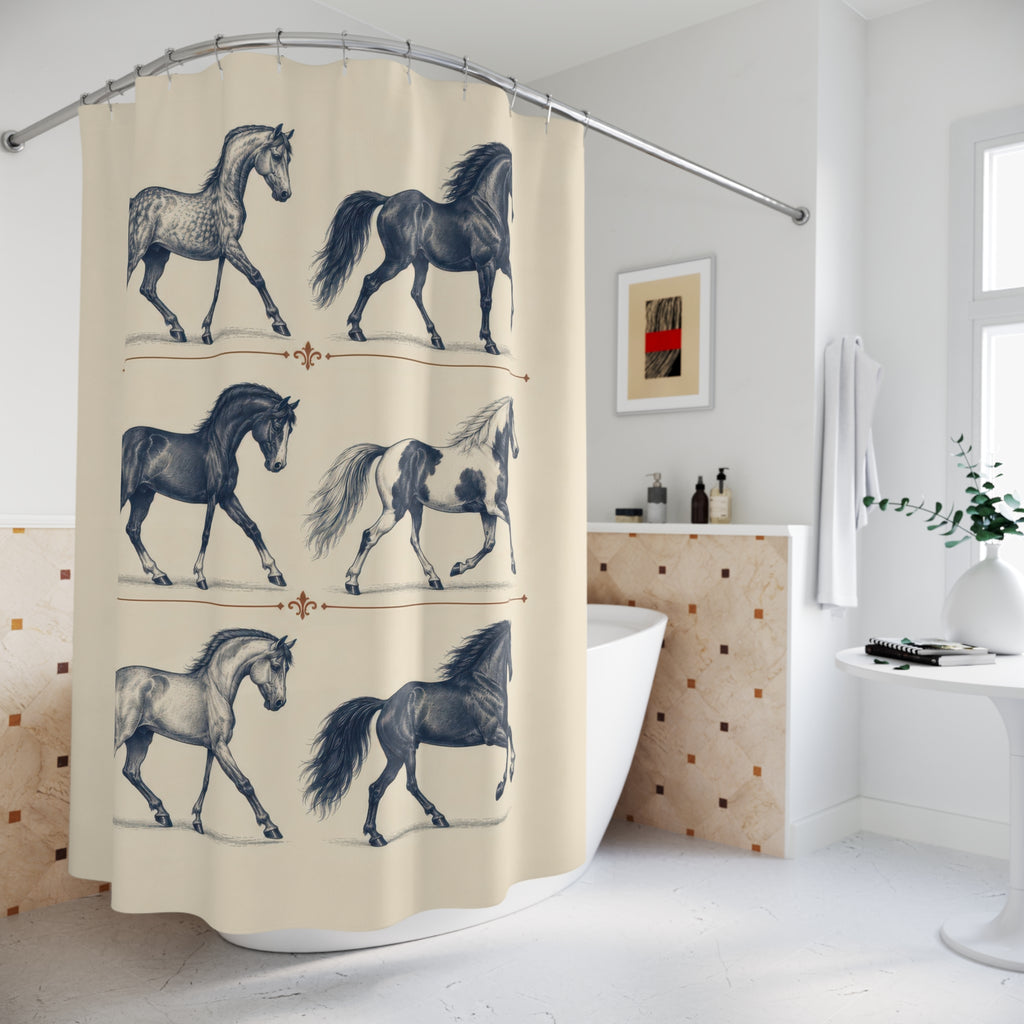 Indigo horse studies in three rows on ivory shower curtain beside a freestanding tub