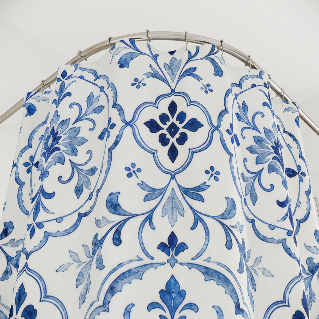 Blue Tile Floral Shower Curtain, Blue White Mediterranean Bath Decor, Tile Pattern Bath Curtain, Guest Bath Decor, Small Bathroom Decor