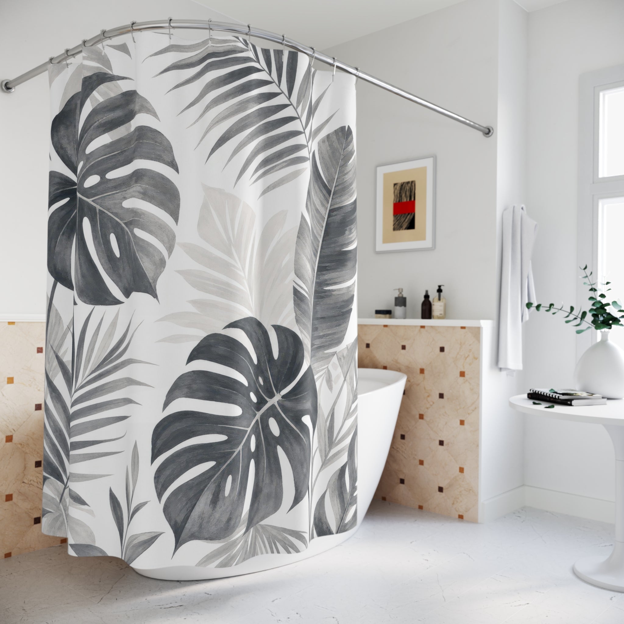 Grey Tropical Leaf Shower Curtain