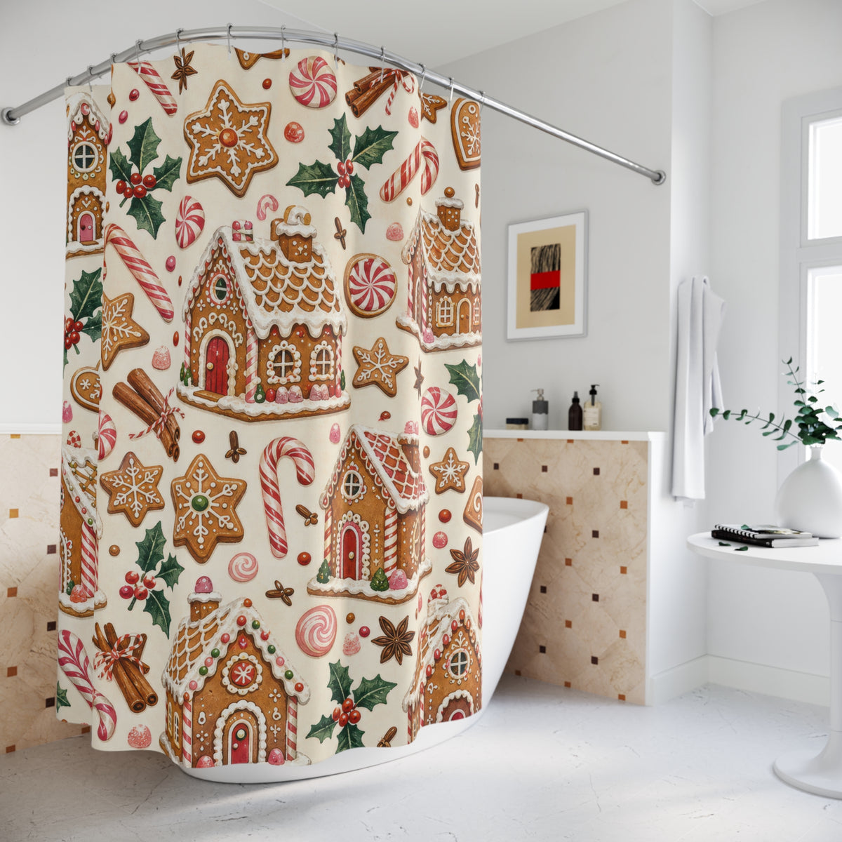 Gingerbread Cottage Candy christmas pattern shower curtain beside a freestanding tub