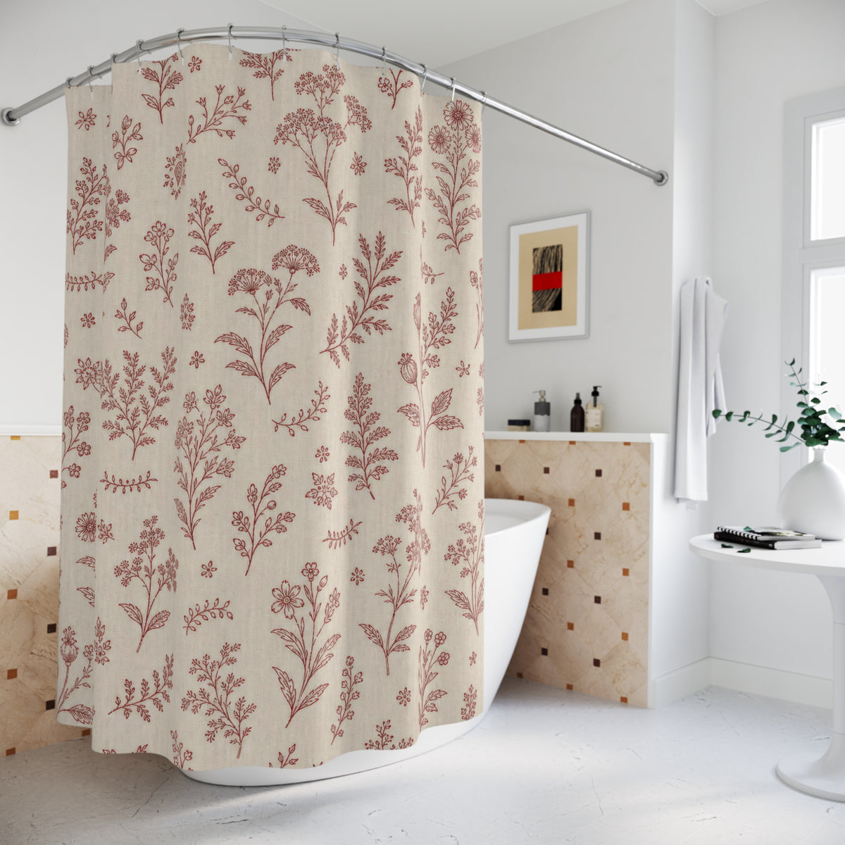 Vintage Farmhouse Red Floral Shower Curtain