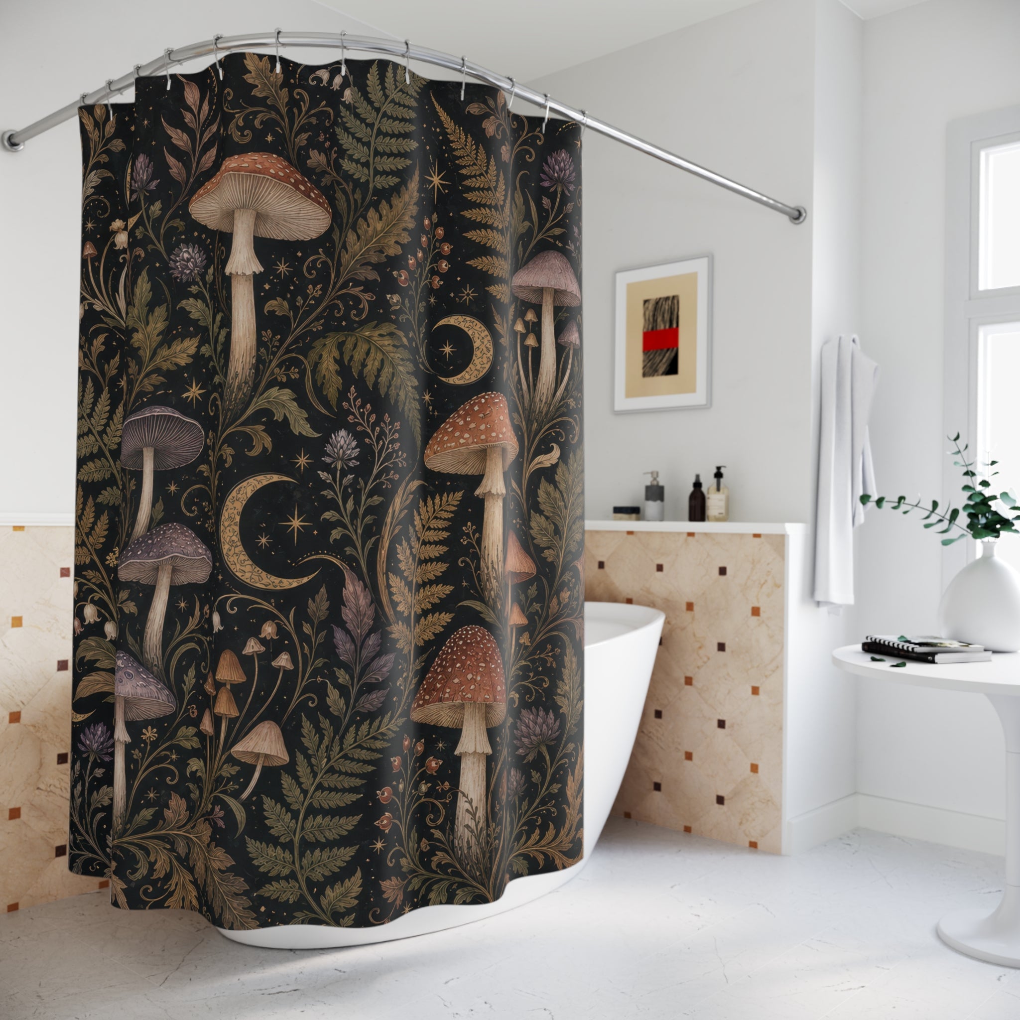 Dark Mushroom Shower Curtain, Black Woodland Bathroom Decor, Mushroom Botanical Bath Curtain, Moody Guest Bathroom Decor, Forest Bath Decor